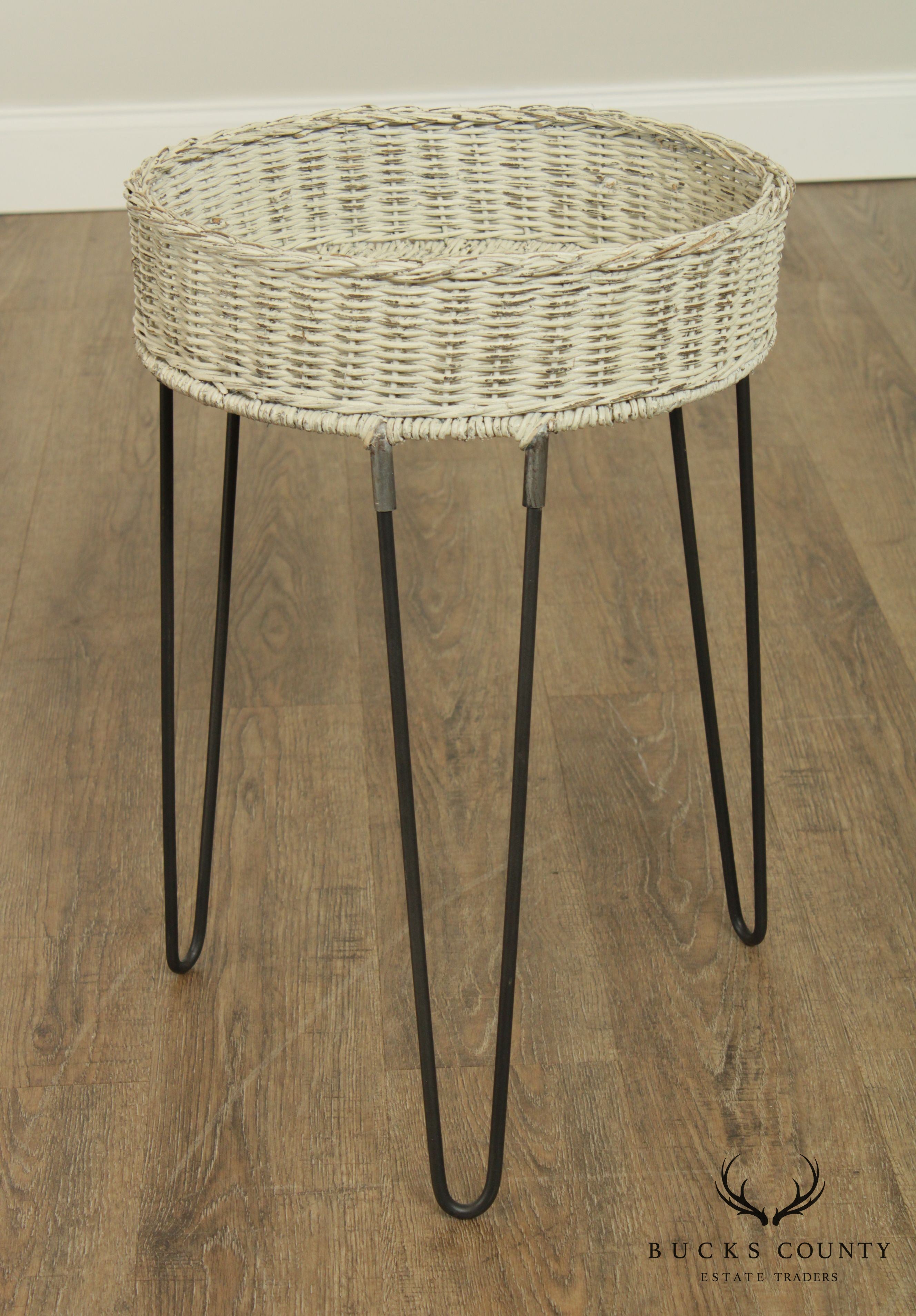 Round Wicker Planter Table With Hairpin Legs