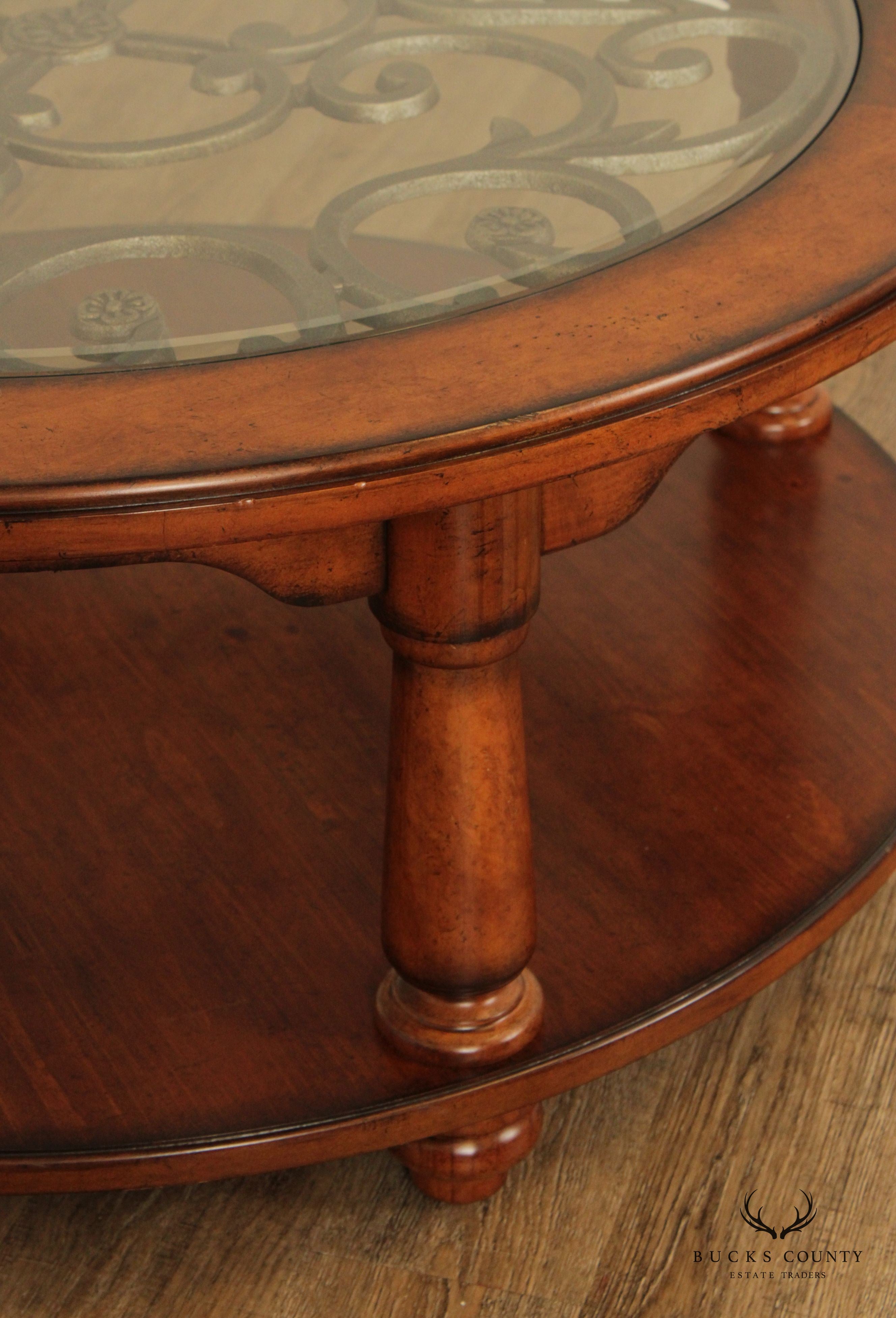 Rustic European Style Wood and Glass Top Iron Scroll Round Cocktail Table