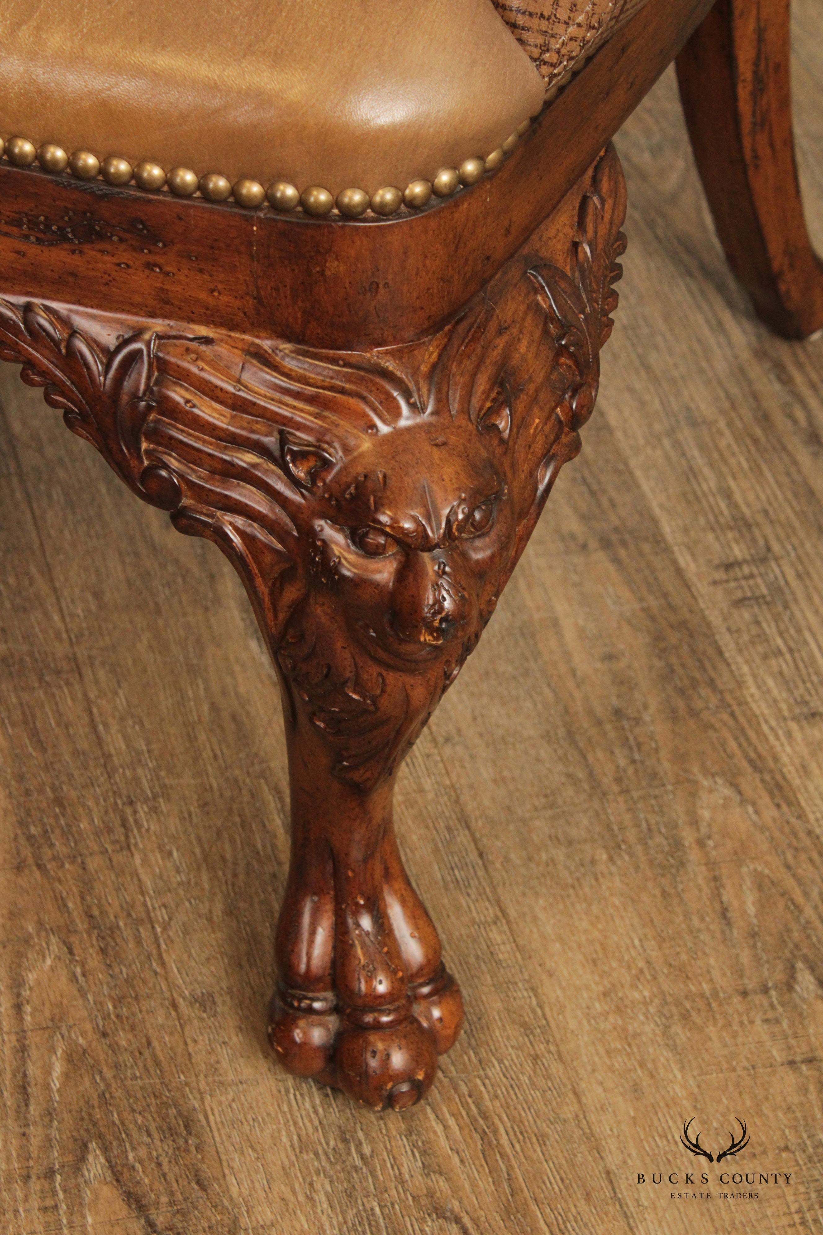 Ferguson Copeland Georgian Style Carved Wood and Tooled Leather Armchair