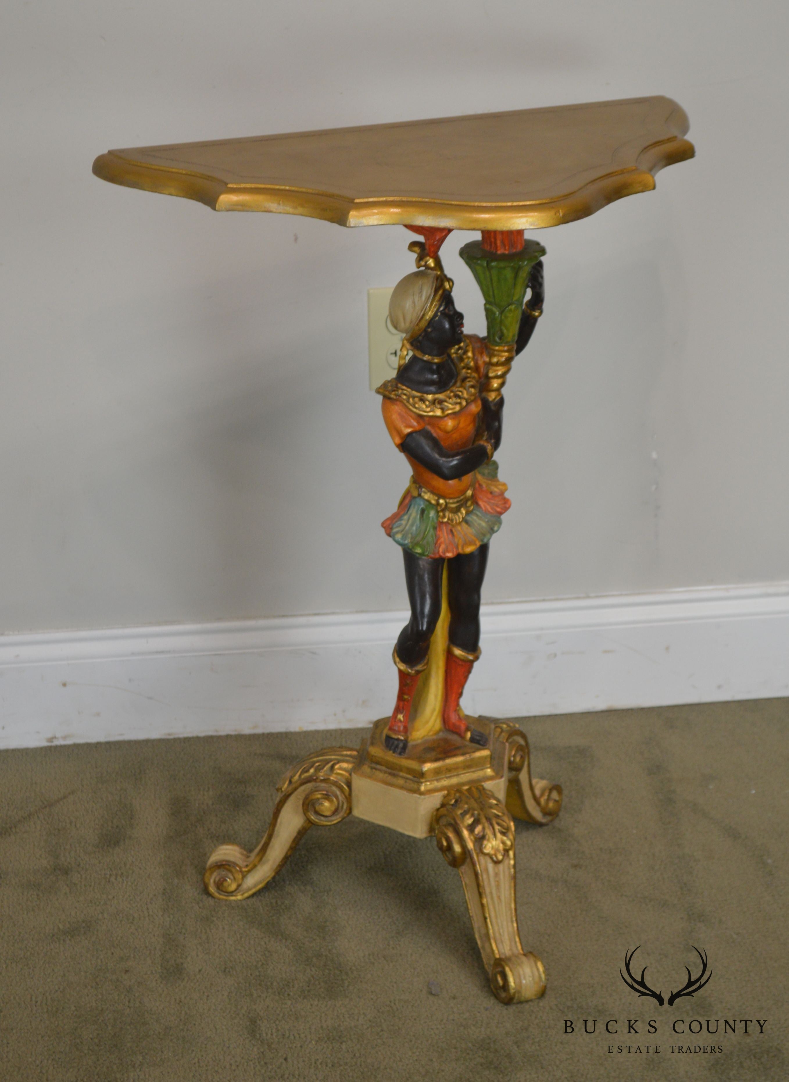 Italian Vintage Gilt Polychrome Carved Blackamoor Pedestal Console Table