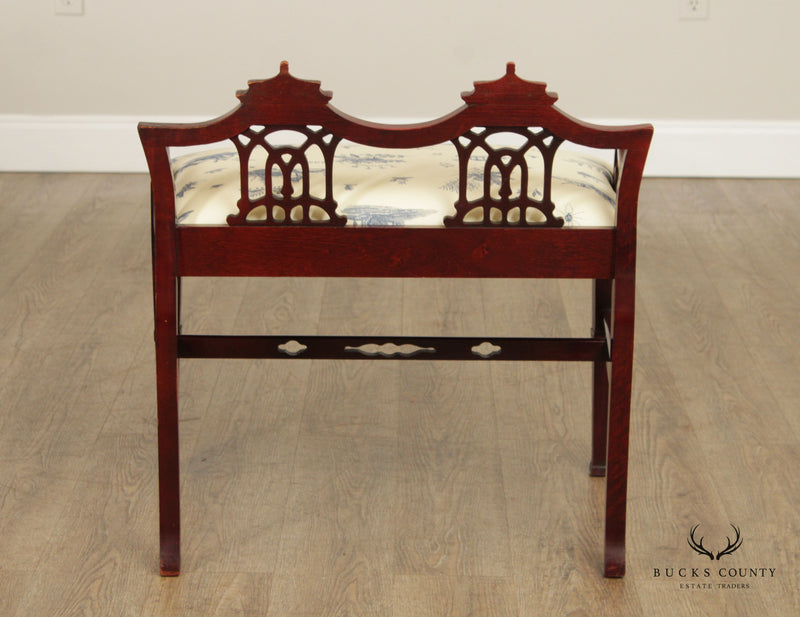 1940's Chinese Chippendale Style Carved Mahogany Vanity Bench