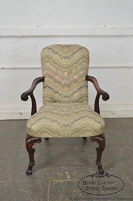 1940s Georgian Style Carved Mahogany Flame Stitch Library Arm Chair