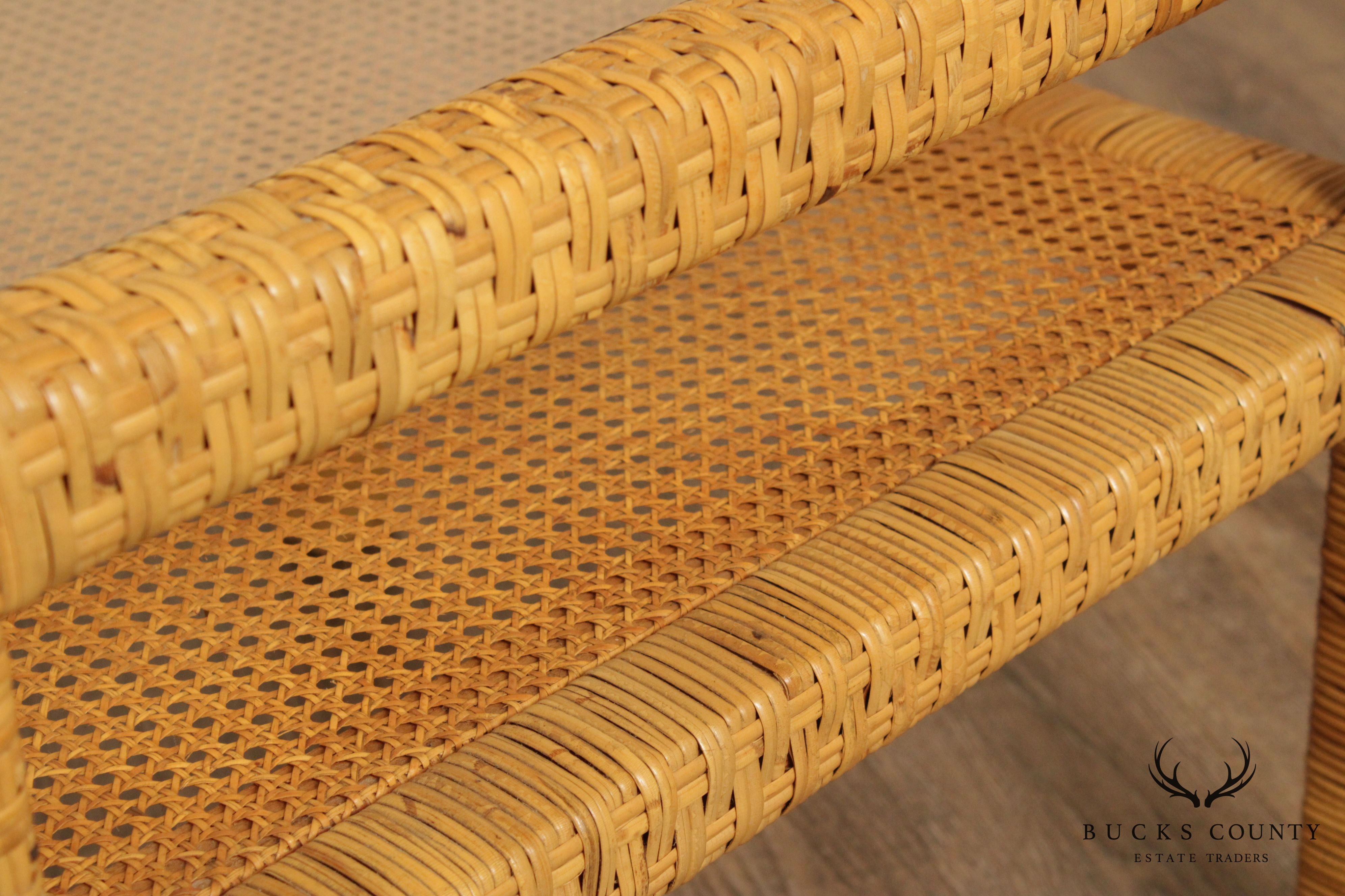 Vintage Wicker Rattan Square End Table with Glass Top