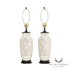 Chinoiserie Pair Of Reticulated Blanc De Chine Table Lamps