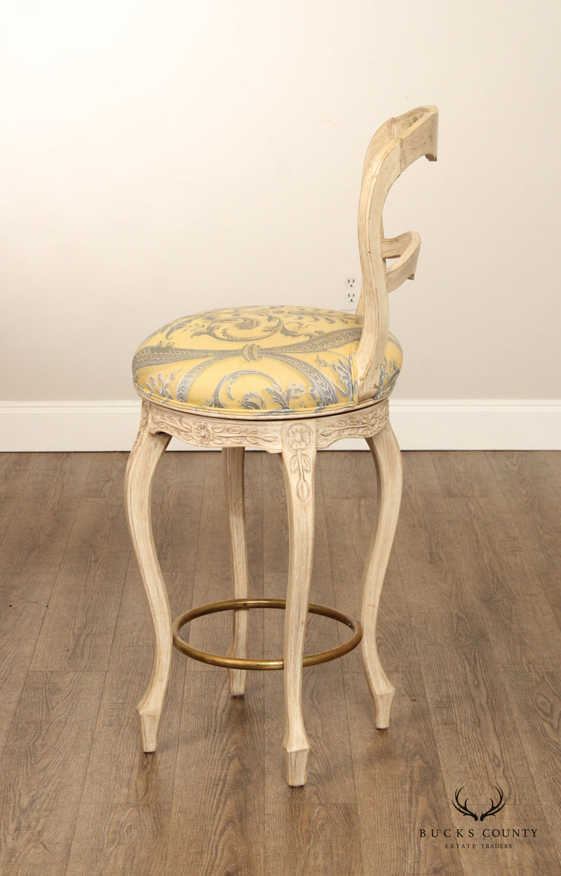 French Louis XV Style Pair of Distress Painted Swivel Bar Stools
