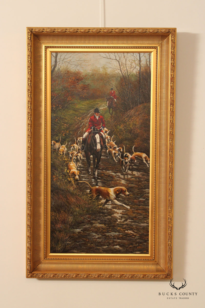 Signed English Equestrian Fox Hunt Large Framed Oil Painting