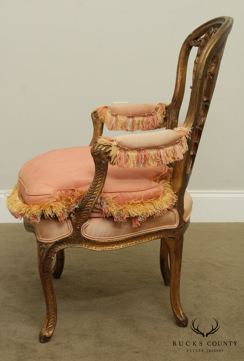 Pair of French Rococo Antique 1900 Carved & Gilt Chairs, Down Cushions