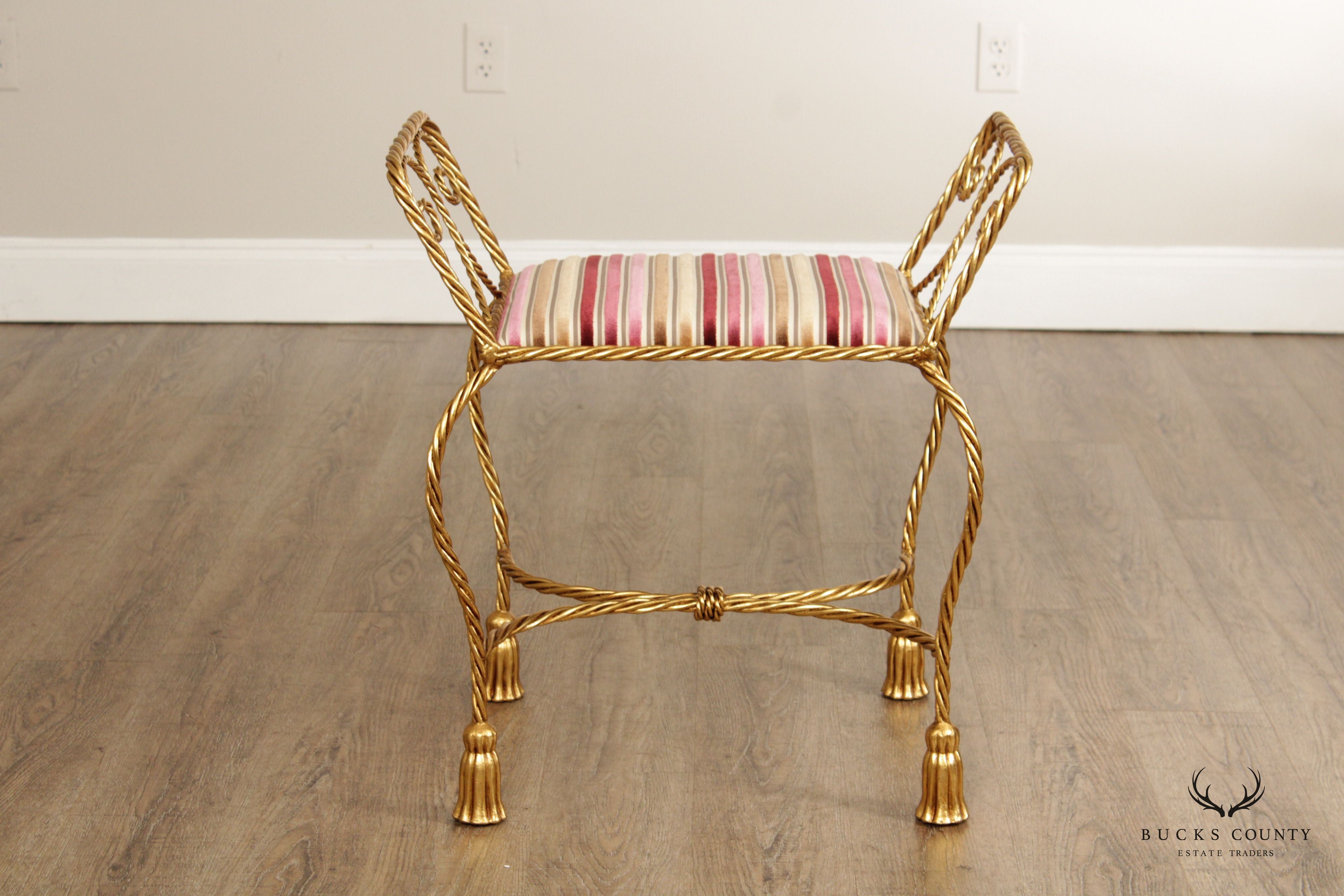 Italian Hollywood Regency Pair of Gilt Metal Rope Twist Benches