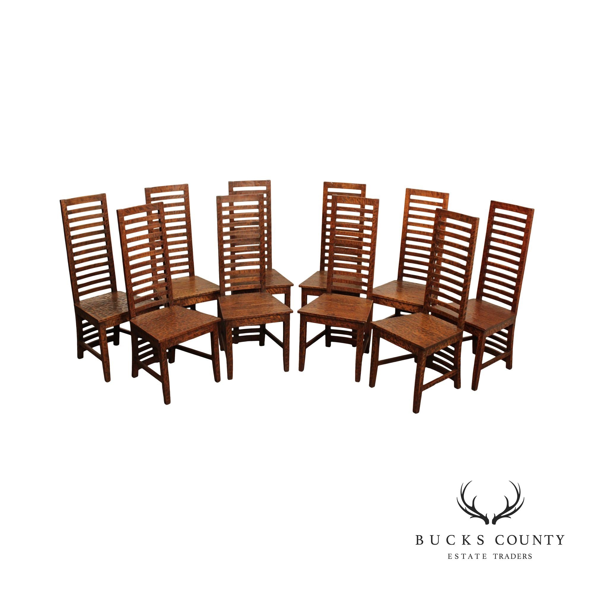 Rustic Arts and Crafts Style Set of Ten High Back Dining Chairs