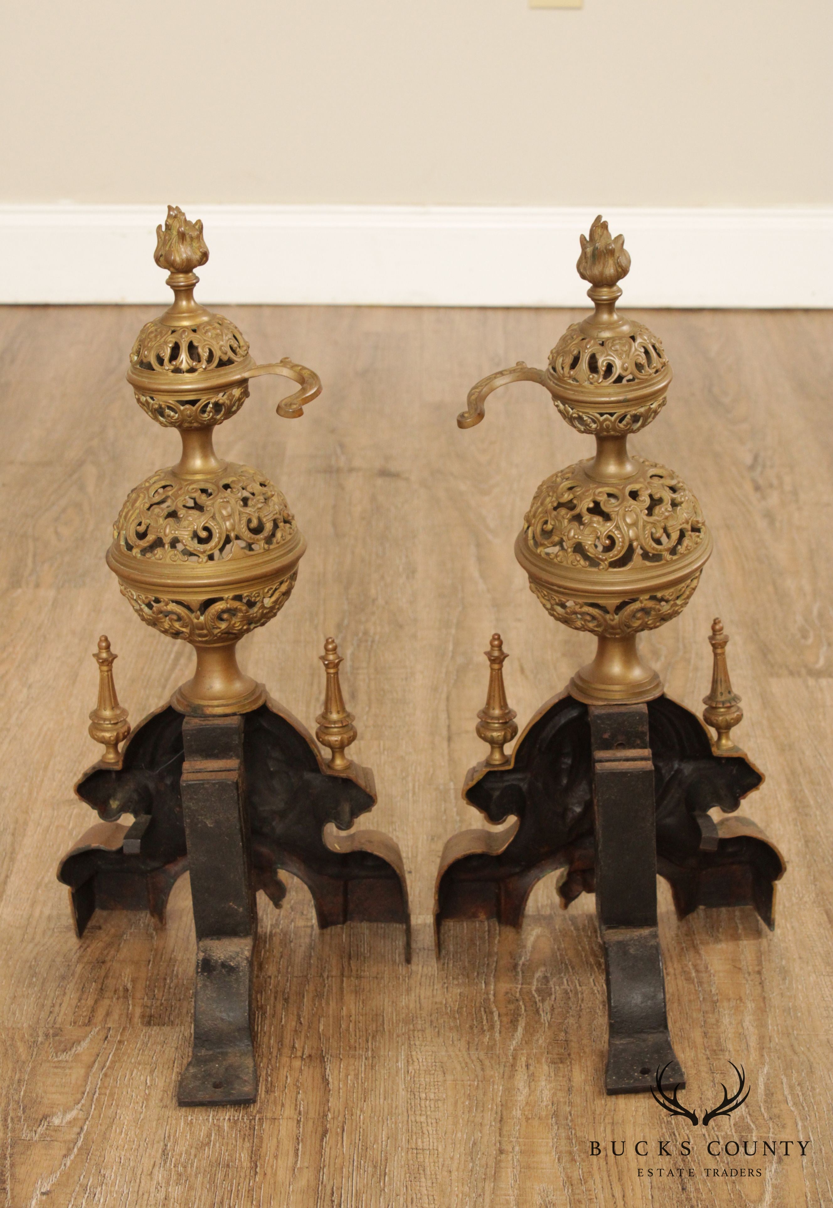 Renaissance Revival Quality Vintage Pair Brass Andirons