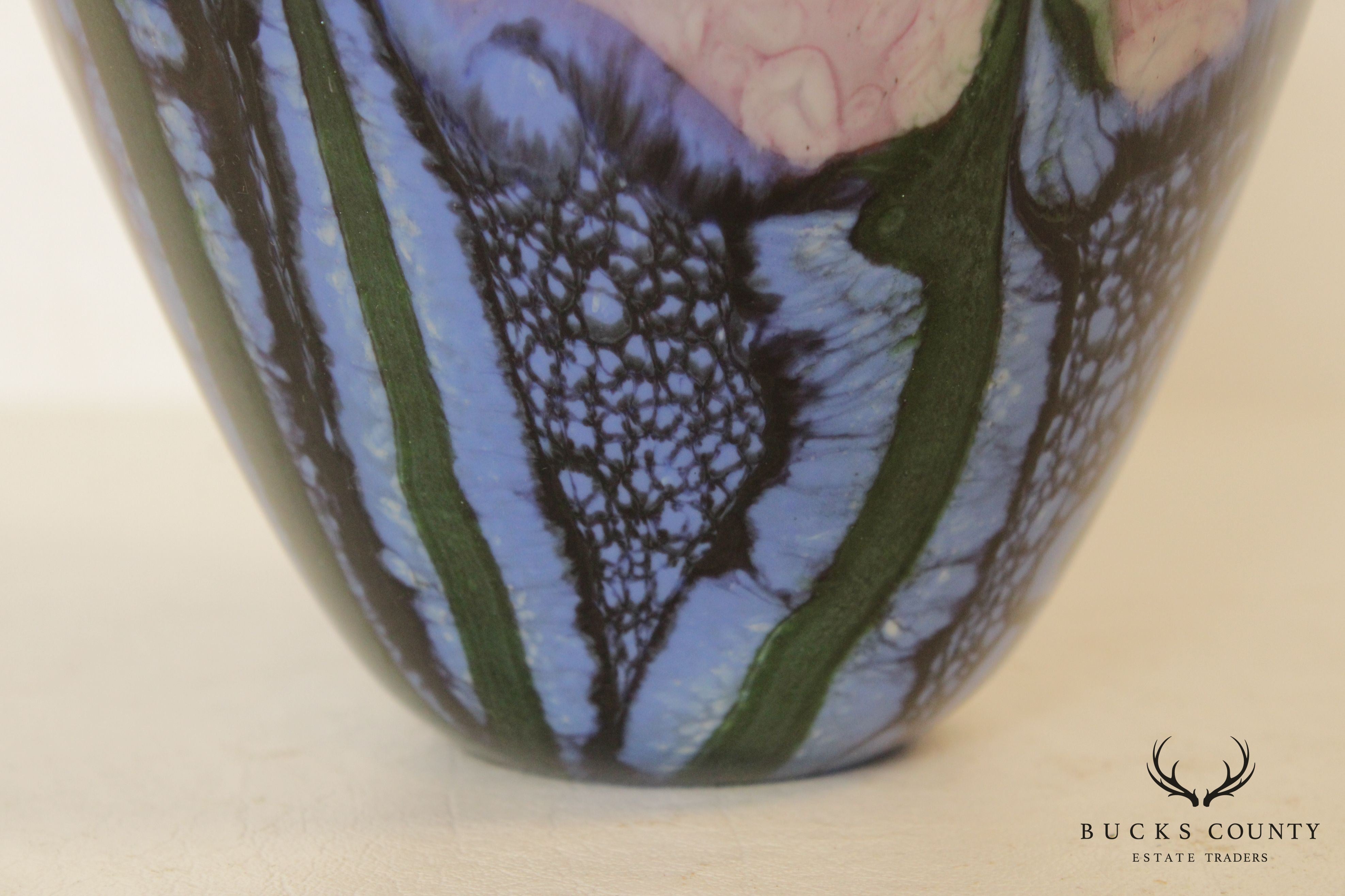 Art Glass Hand Blown Vase Blue with Pink Flowers Signature Illegible