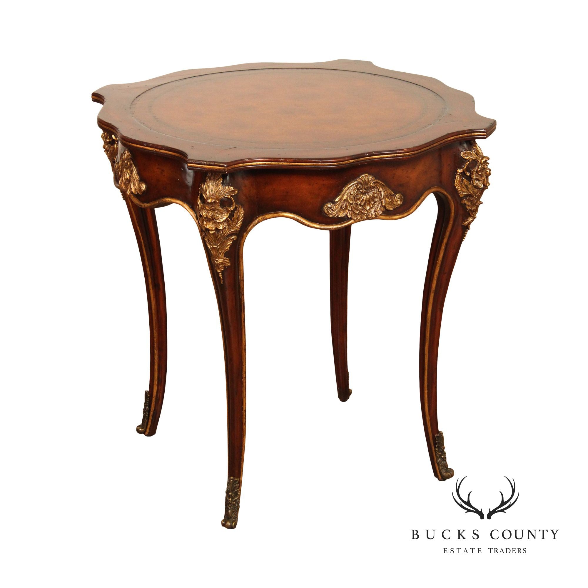 European Crossroads Renaissance Revival Style Leather Top Accent Table