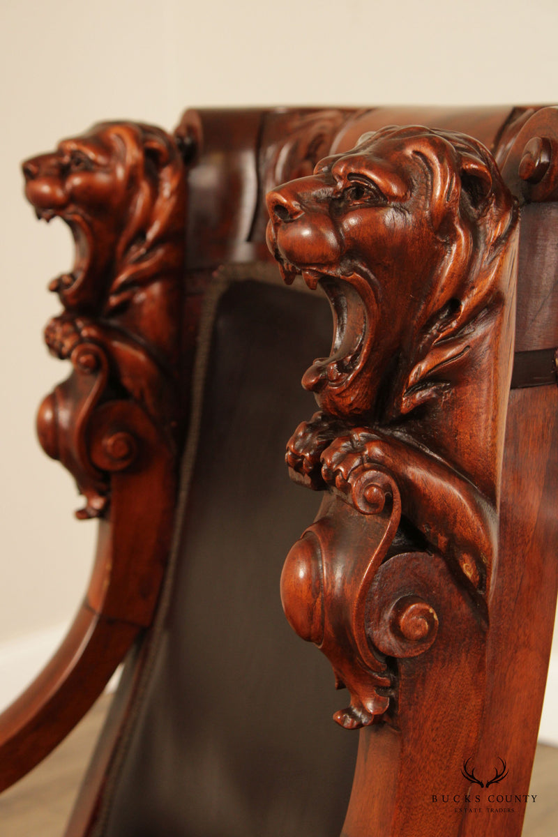 Antique American Empire Style Lion Carved Leather Armchair (B)