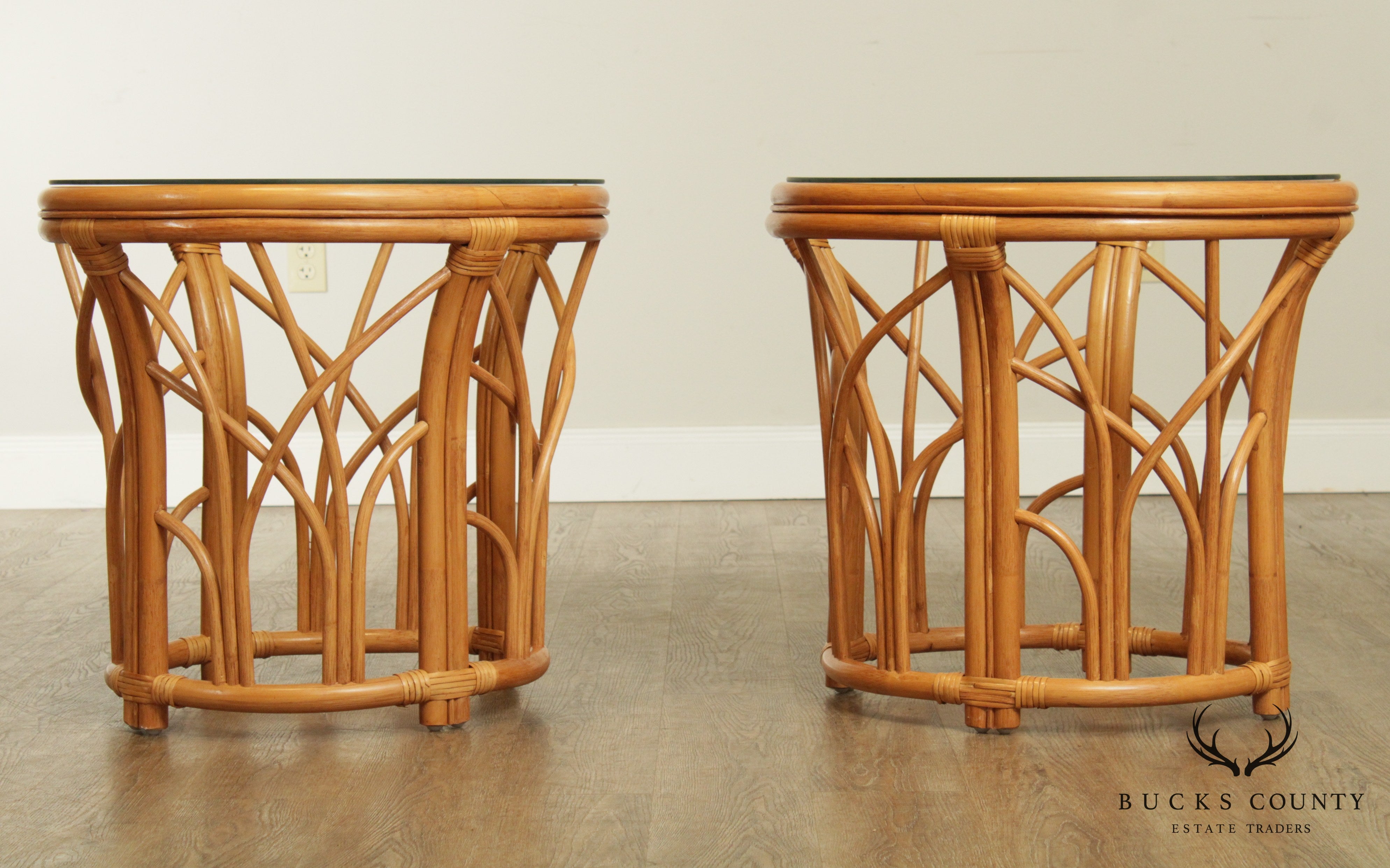 Quality Vintage Pair Rattan Round Glass Top Side Tables