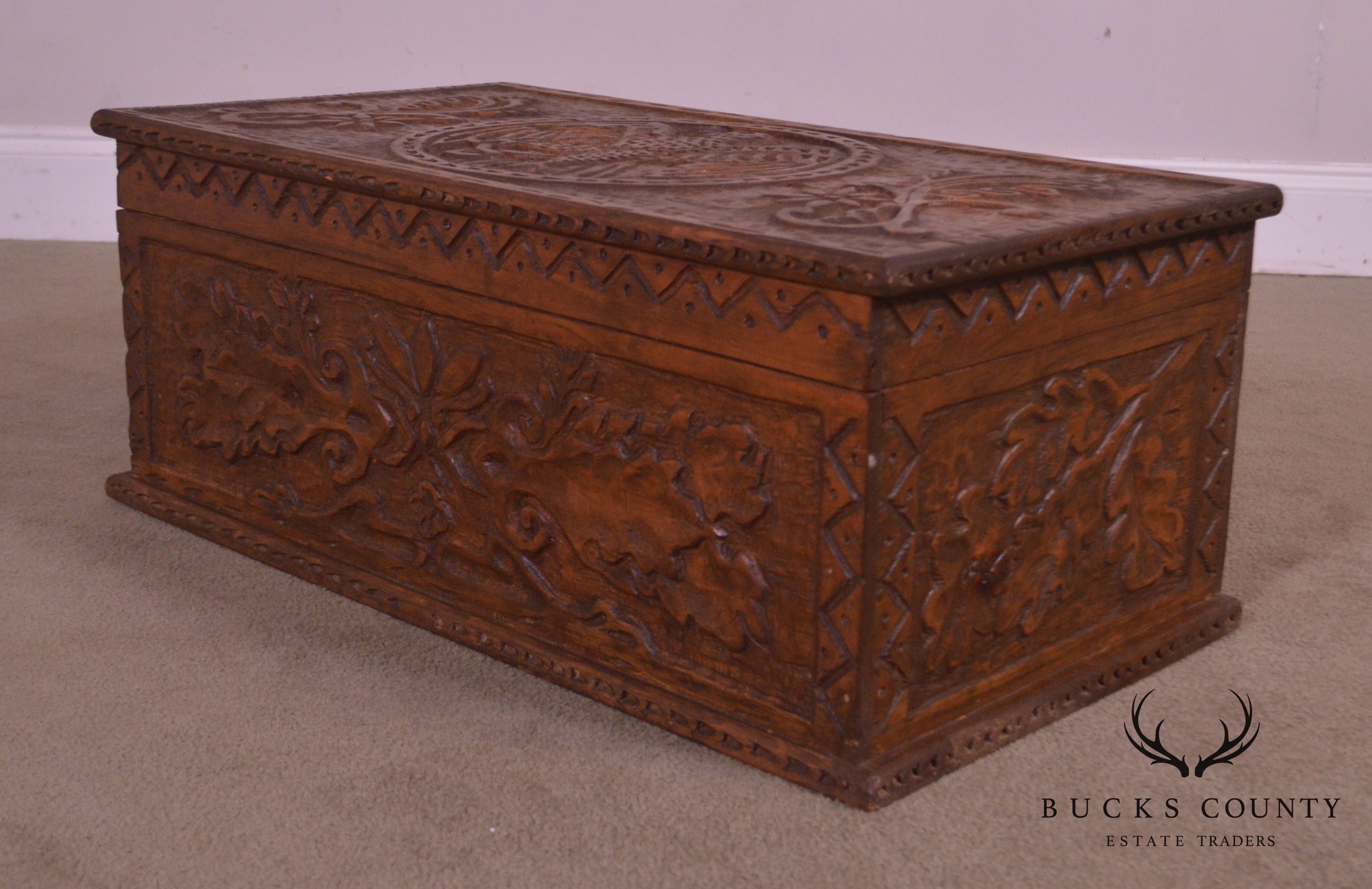 Antique Hand Carved Wood Chest with Eagle