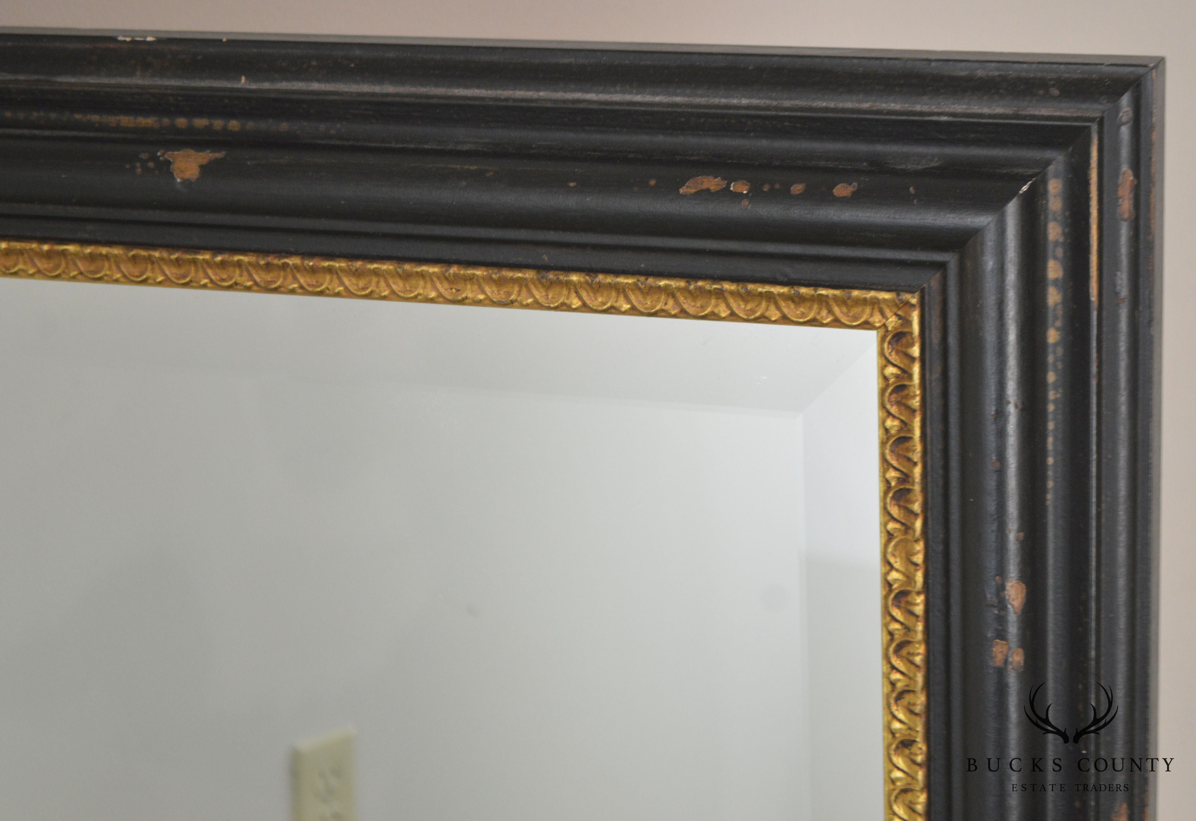 Regency Style Distressed Black & Gold Frame Rectangular Pair Beveled Mirrors