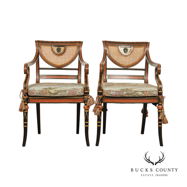 Regency Style Pair Paint Decorated Cane Back Armchairs