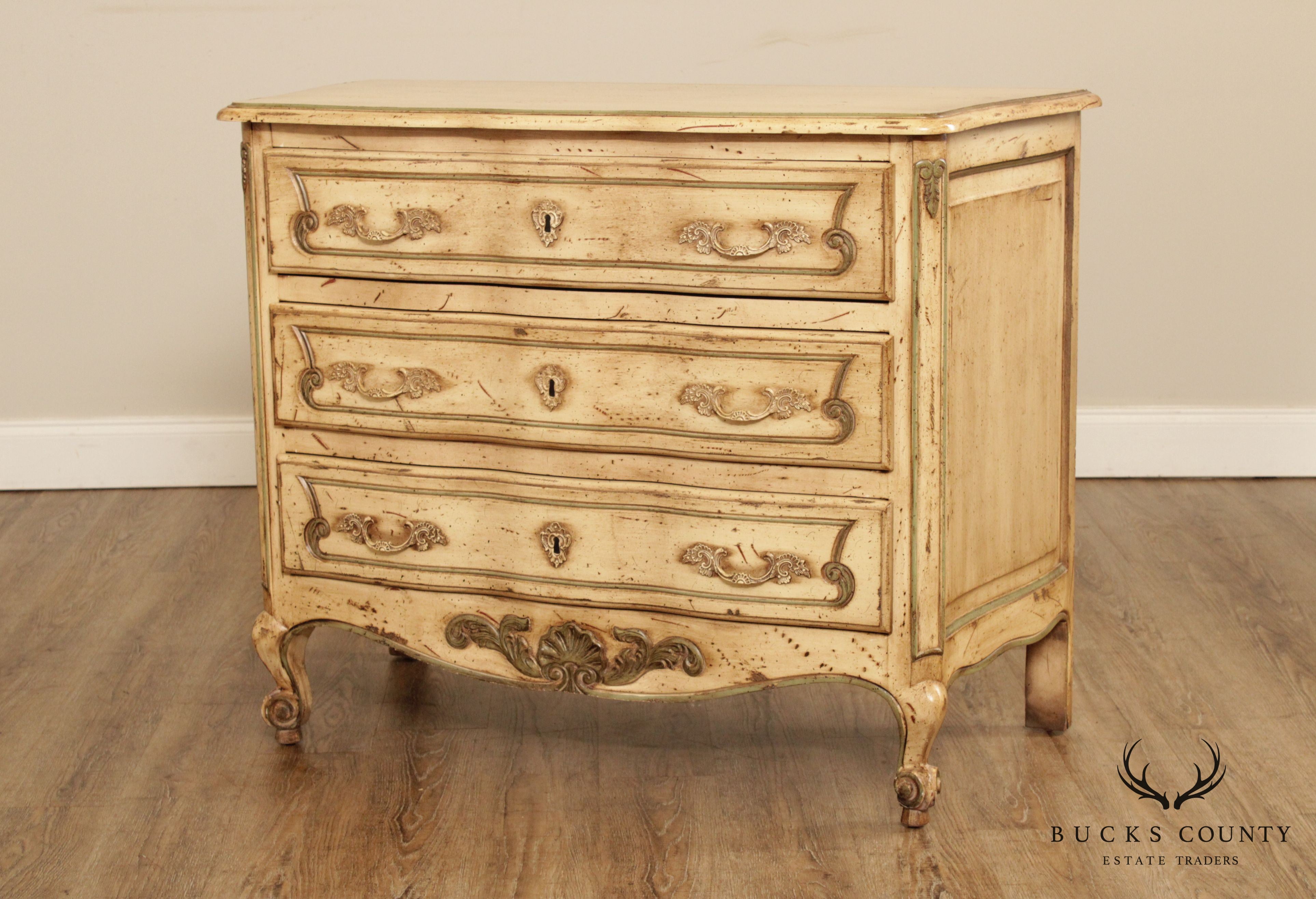 French Louis XV Style Quality Distressed Painted 3 Drawer Chest