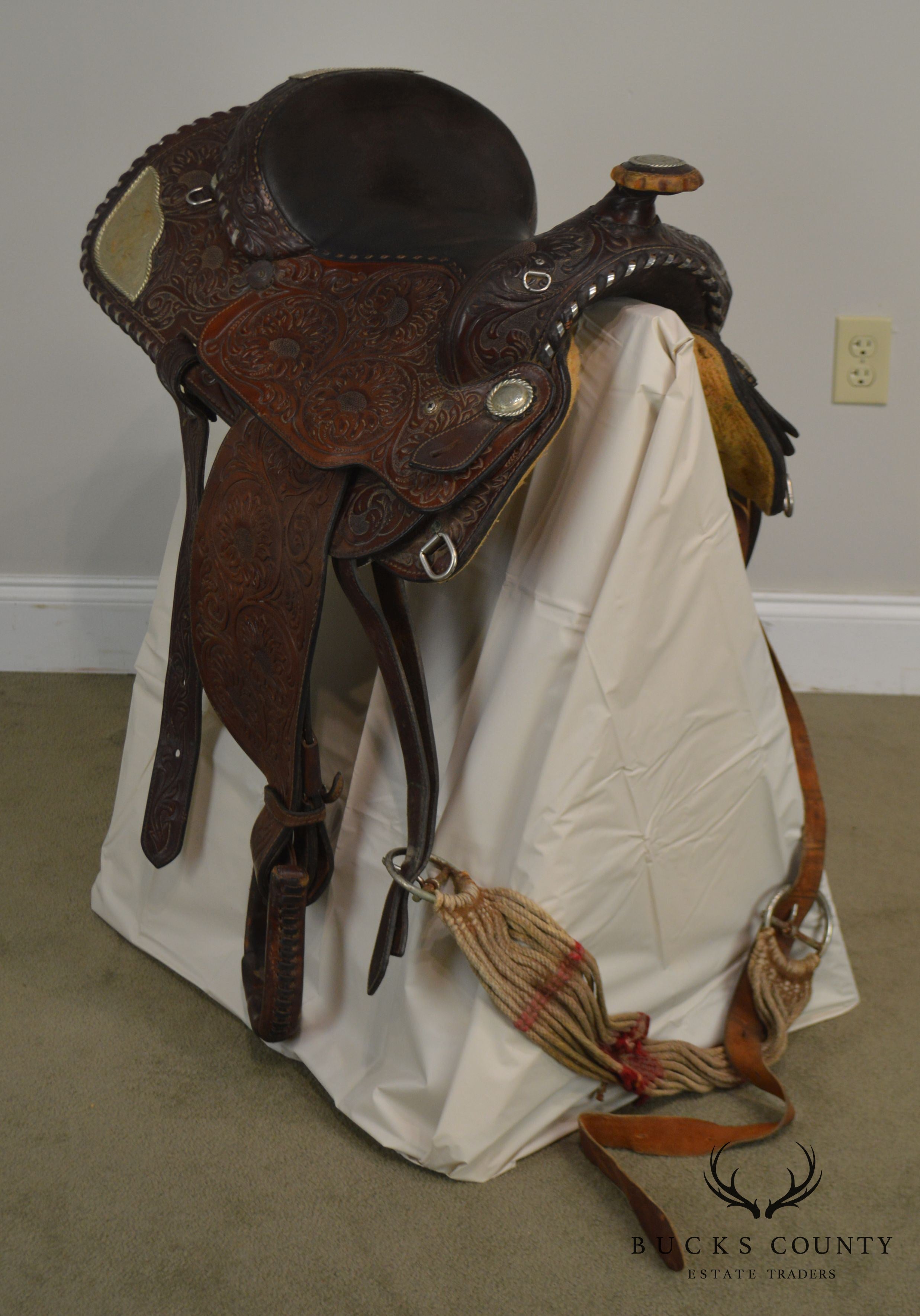 Billy Royal Vintage 15" Tooled Leather Show Saddle with Silver Braiding and Trim