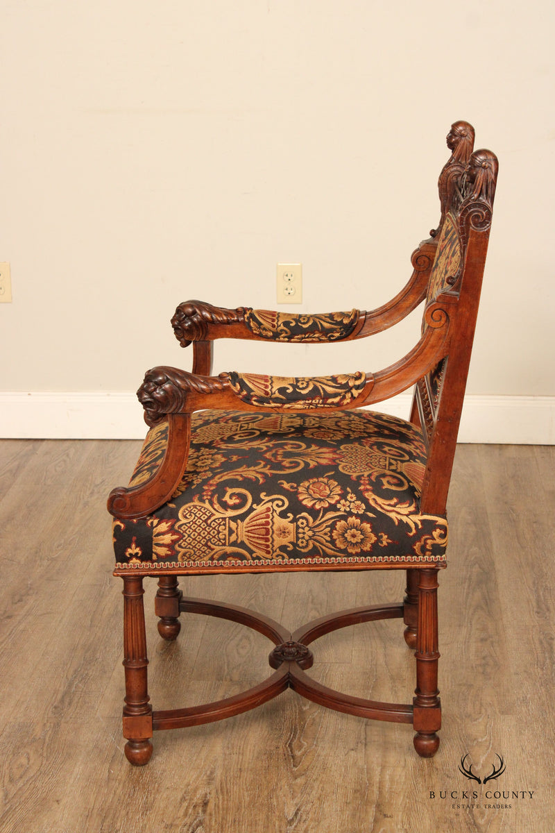 Antique French Renaissance Revival Style Carved Walnut Throne Armchair