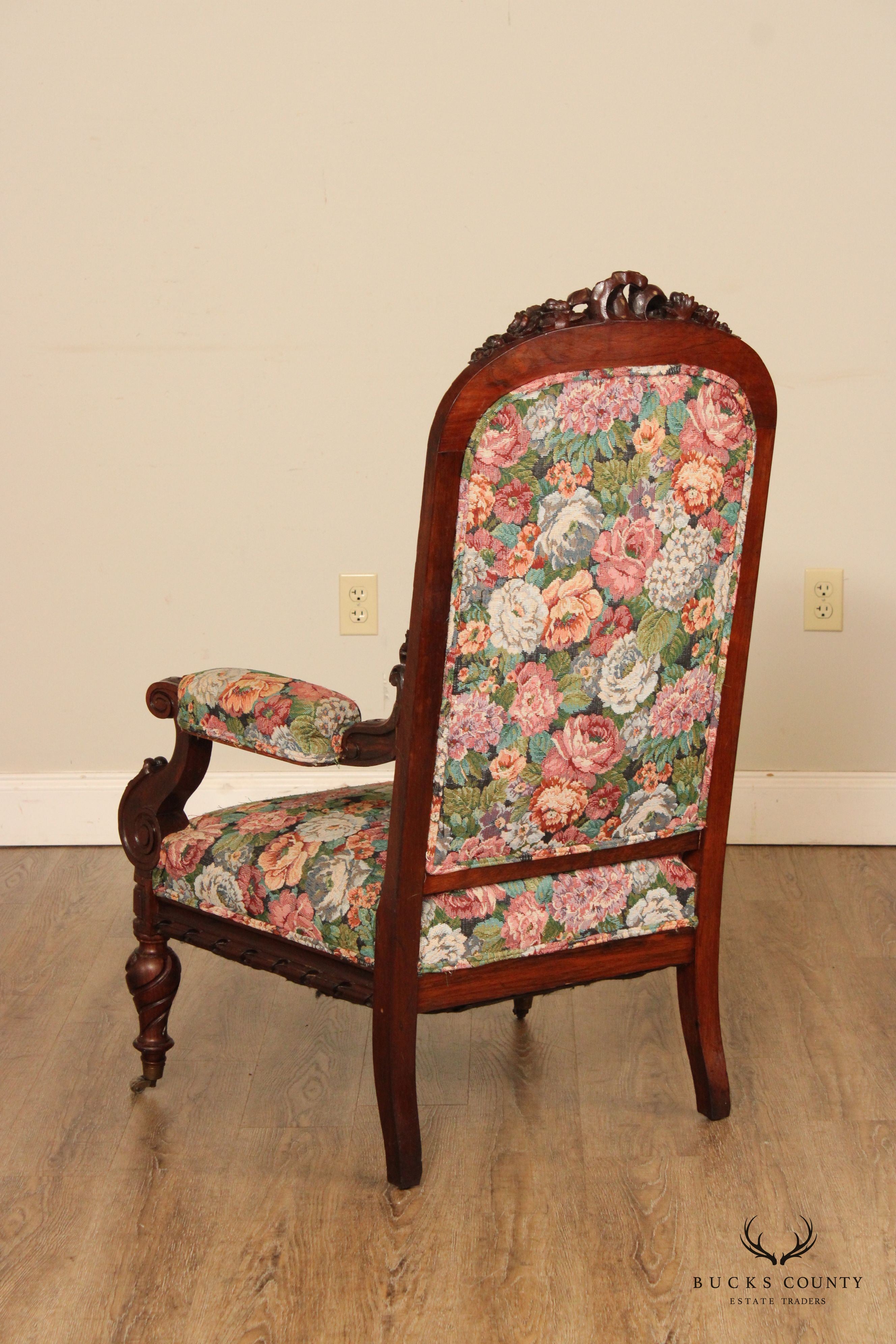 Antique Renaissance Revival Rosewood Carved Library Armchair