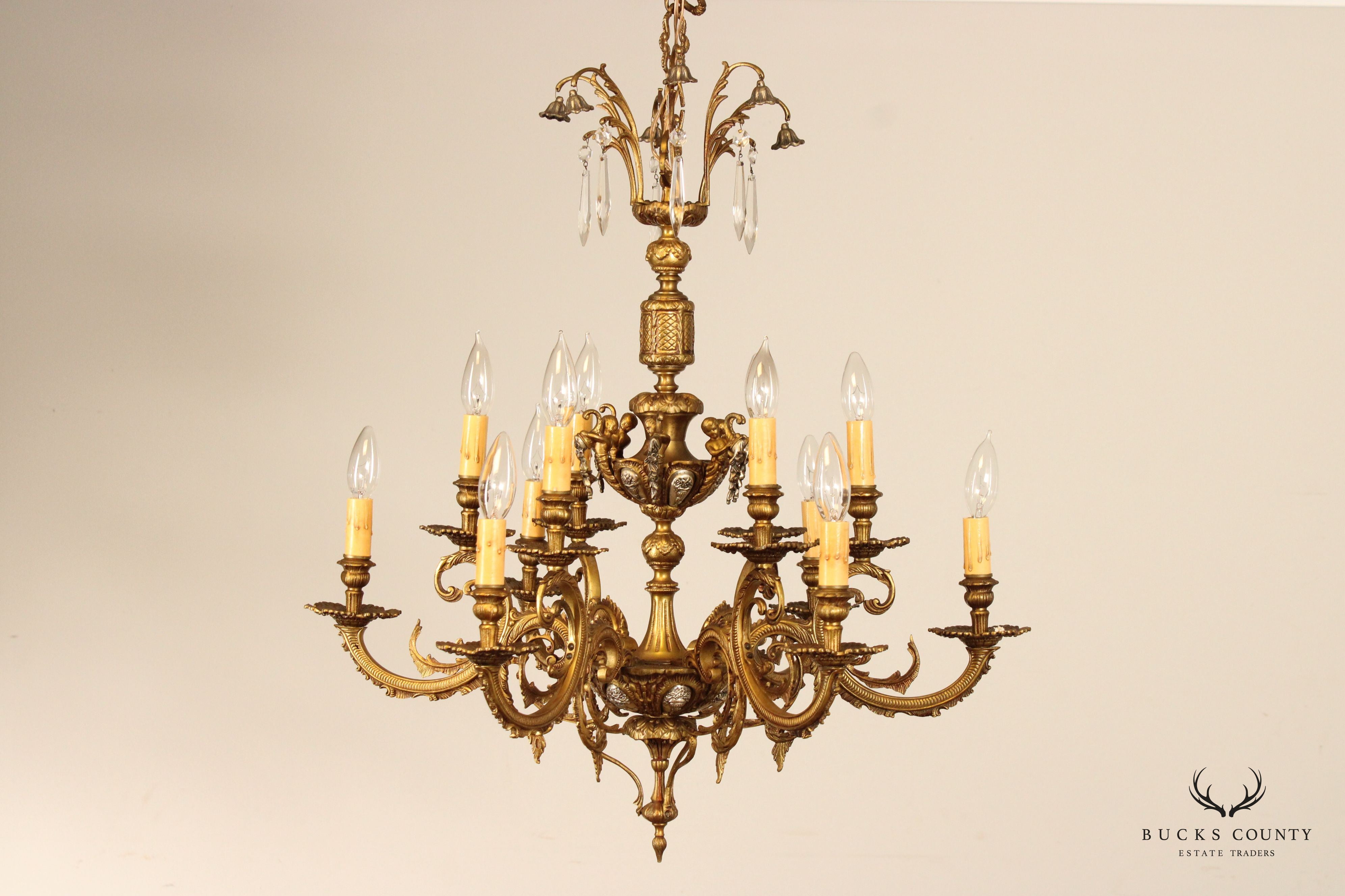 French Louis XIV Style Vintage Gilt Metal Twelve-Light Chandelier