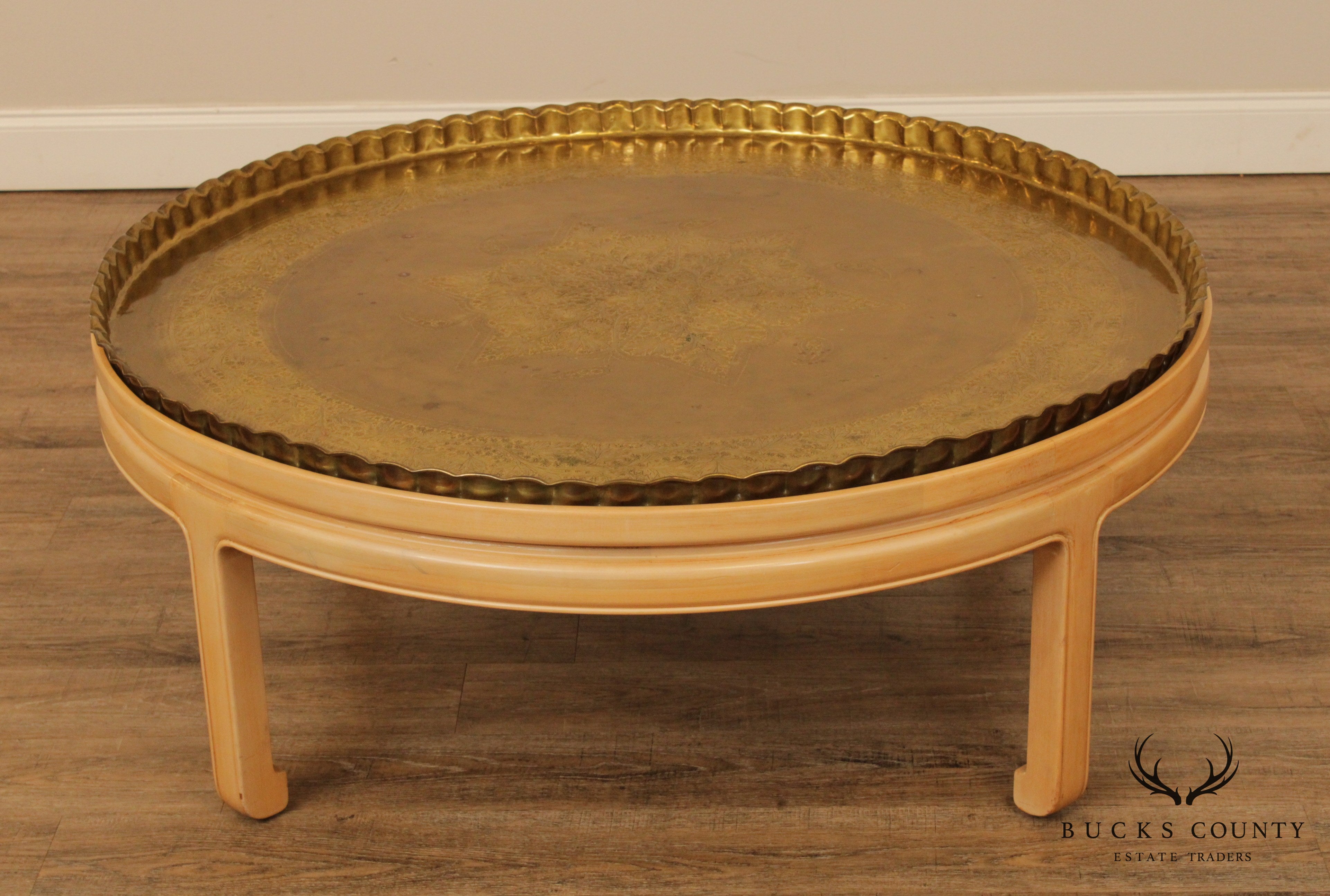 Mid Century Asian Inspired Round Brass Tray Top Coffee Table