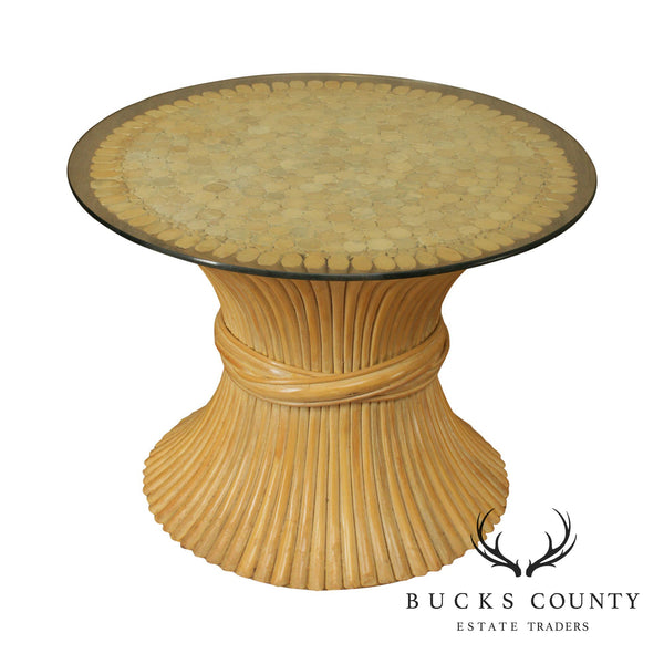 Sheaf of Wheat Vintage Bamboo, Rattan Round Glass Top Side Table
