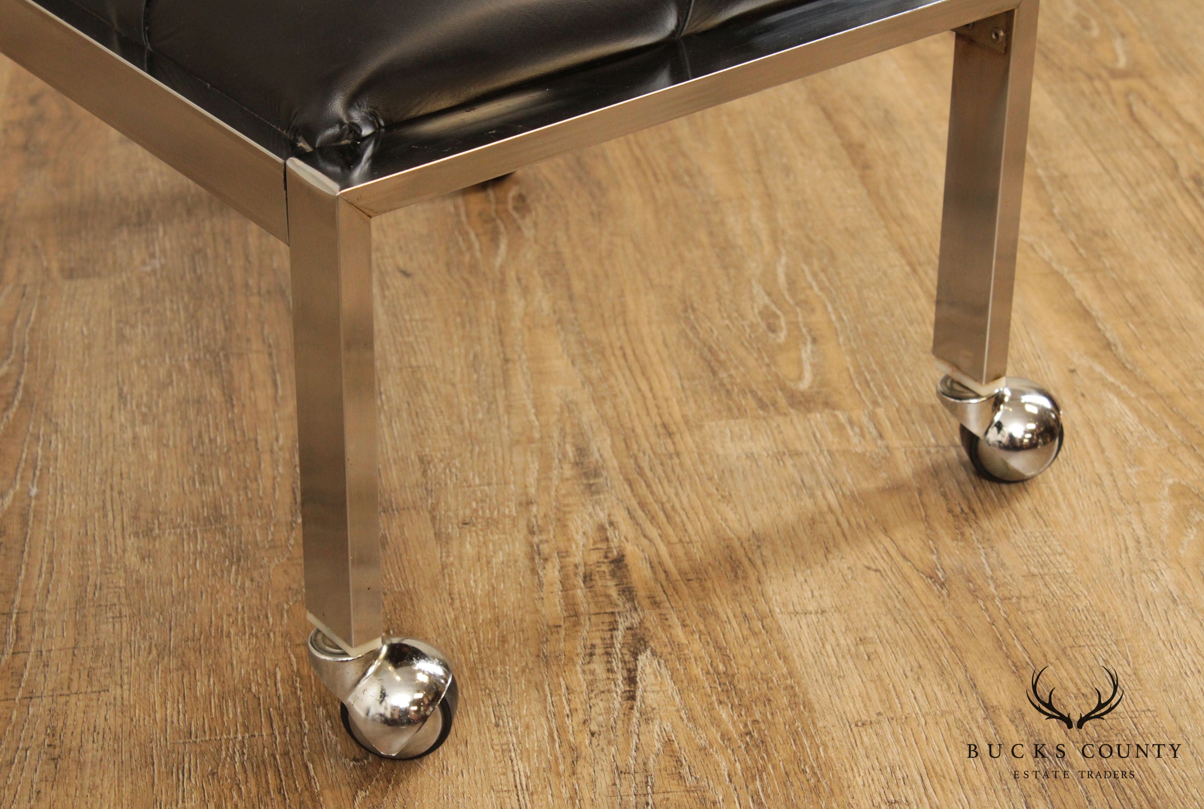 Vintage Modern Chrome & Black Vinyl Rolling Footstool