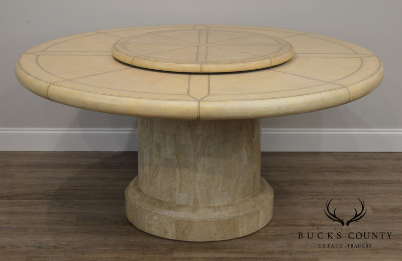 Maitland Smith Vintage 64" Round Leather Top Dining Table W/ Tesselated Stone Base
