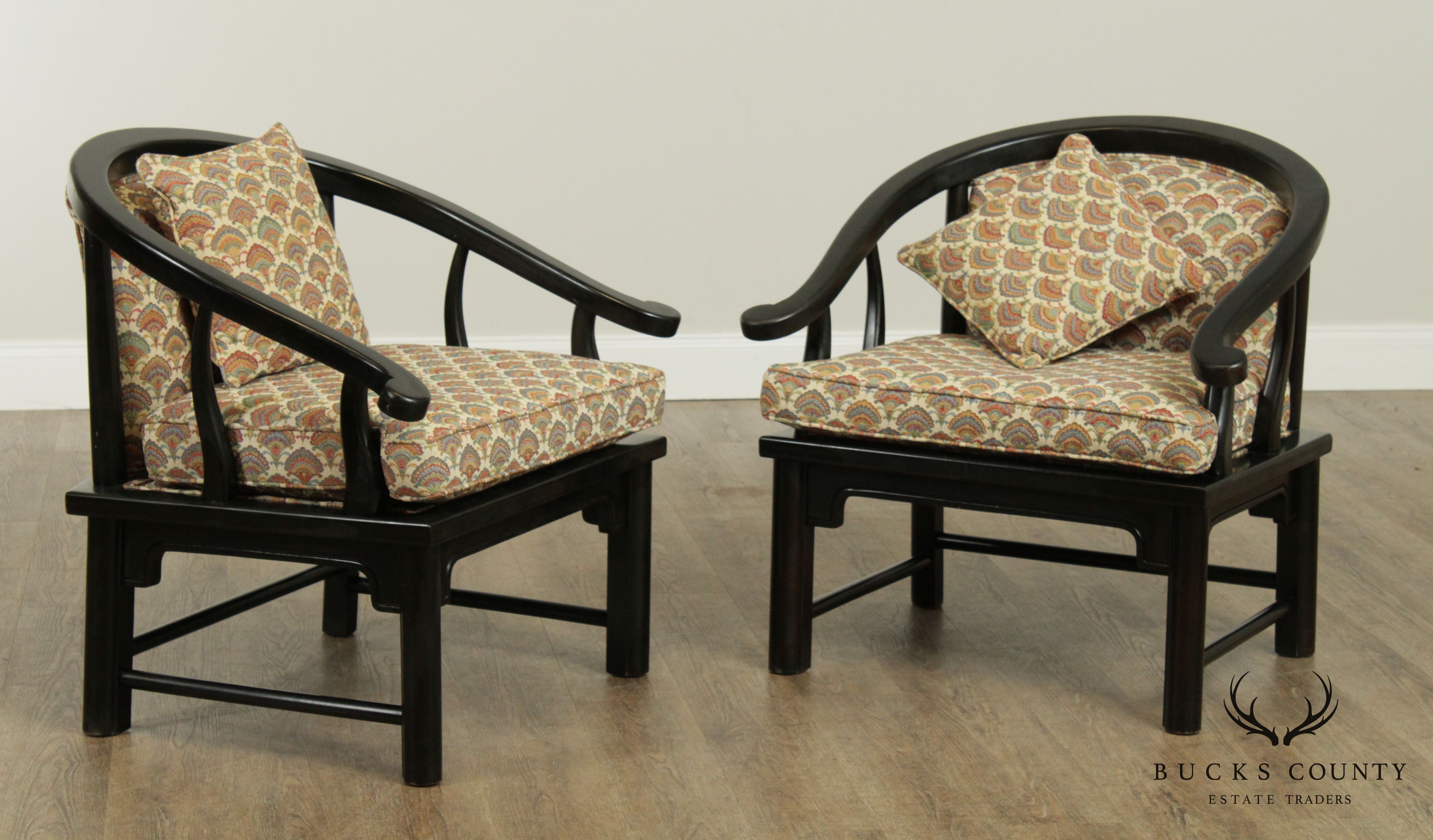 Mid Century Vintage Black Lacquered Asian Inspired Curved Back Armchairs