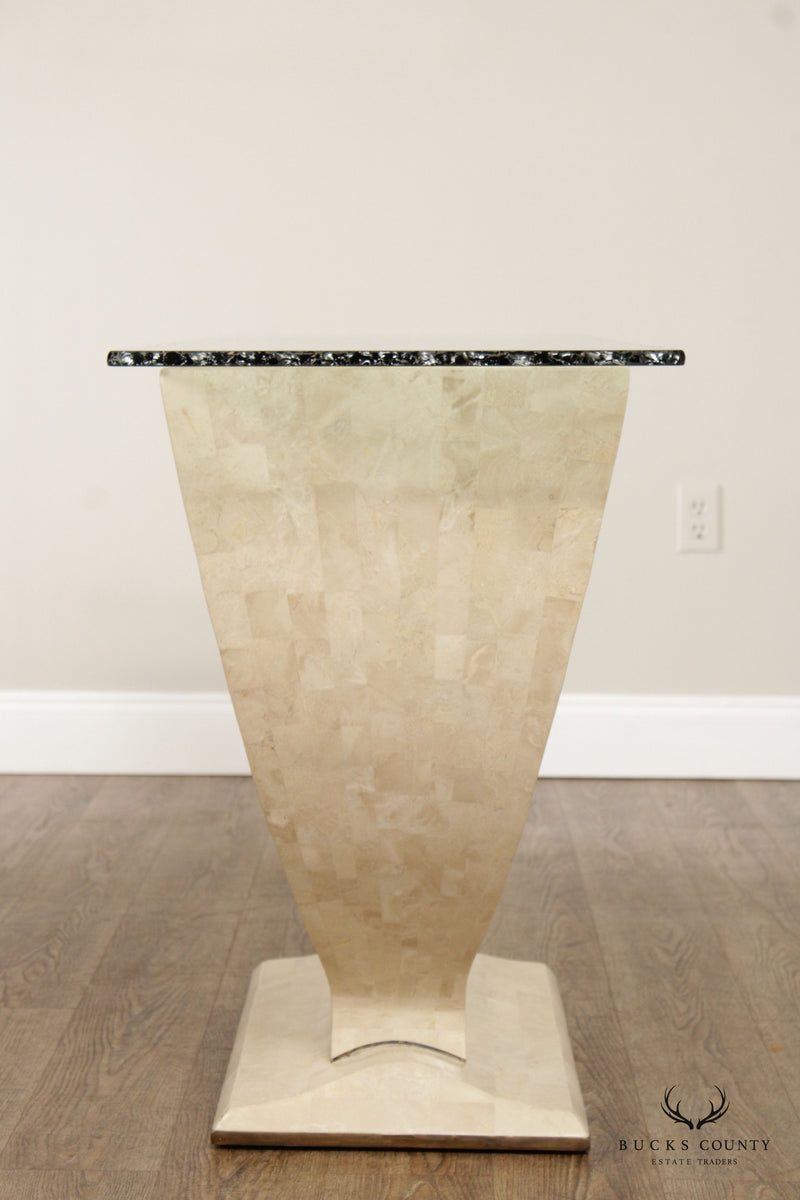 Organic Modern Tessellated Faux Stone and Glass Top Console Table