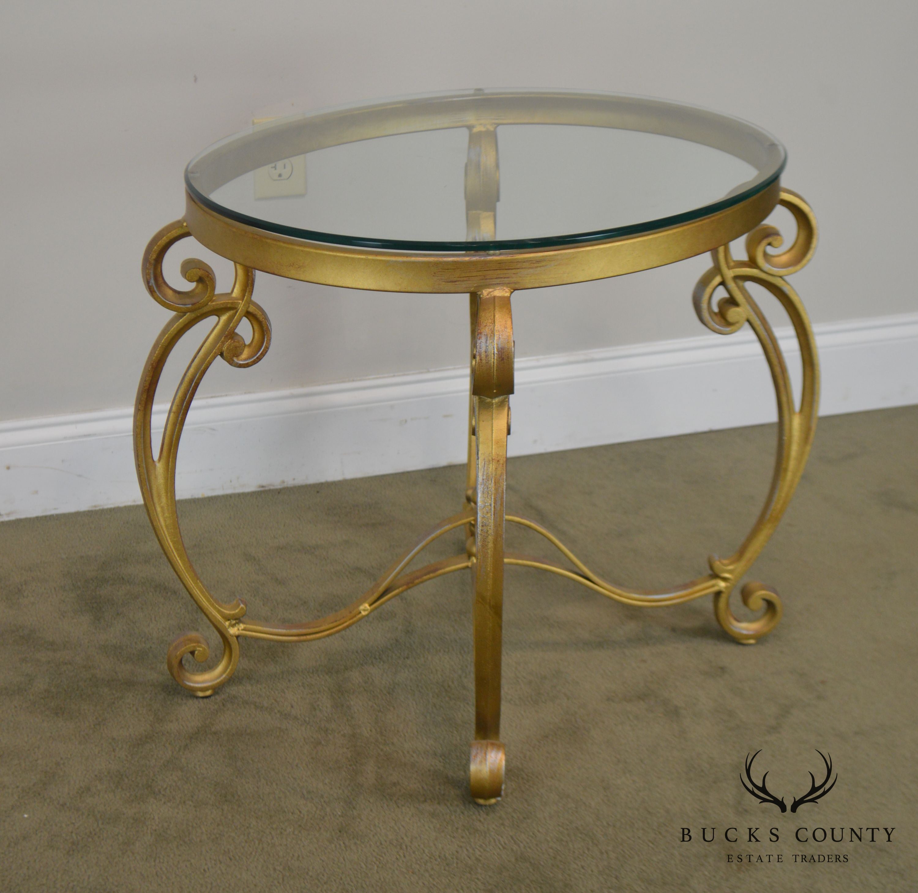 Rococo Style Gilt Metal Scrolled Base Glass Top Side Table