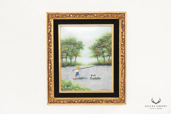 Don Mingolla Framed Enamel on Copper Painting, Boy with a Fishing Pole