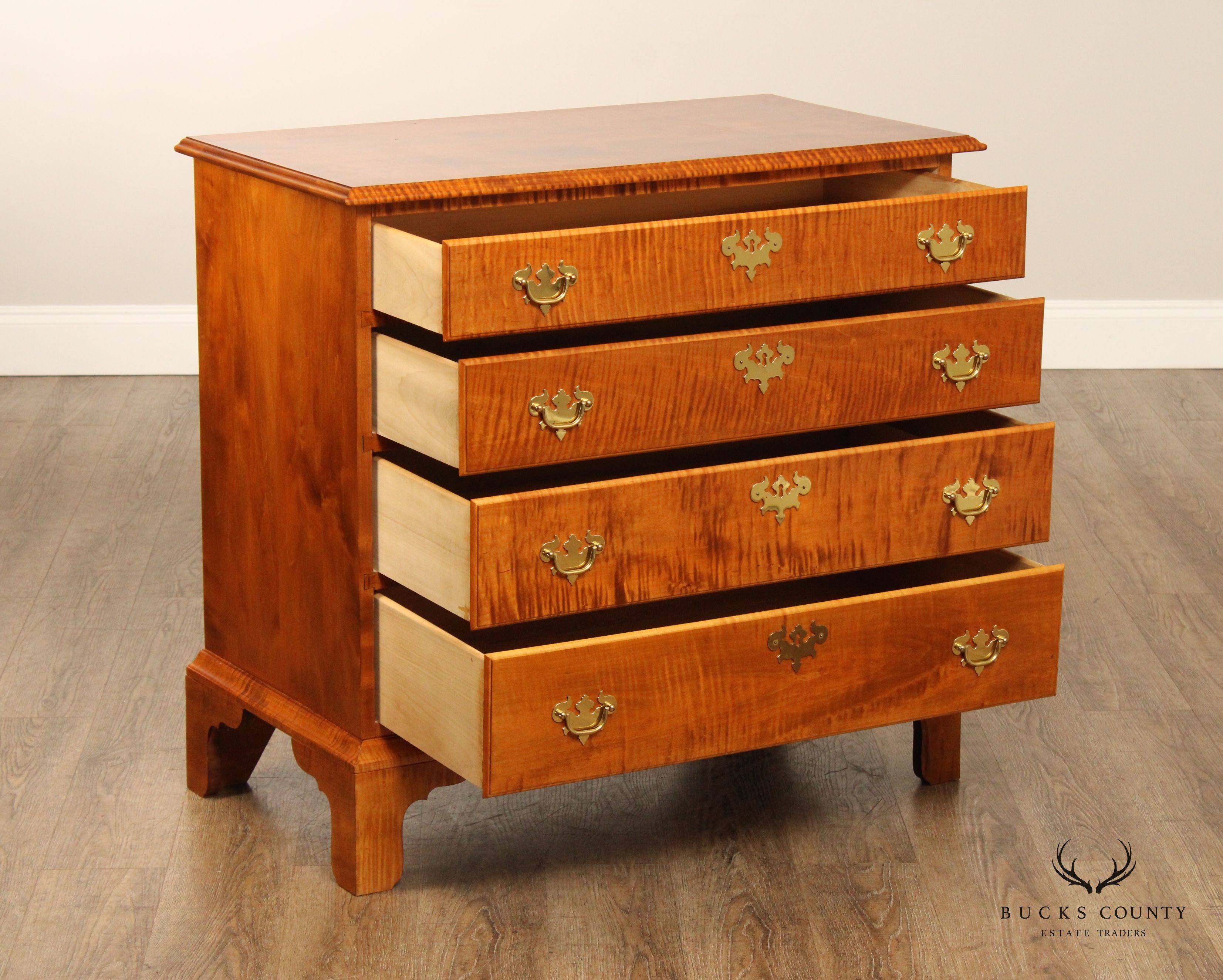 Tiger Maple Custom Crafted Chippendale Style Chest Of Drawers