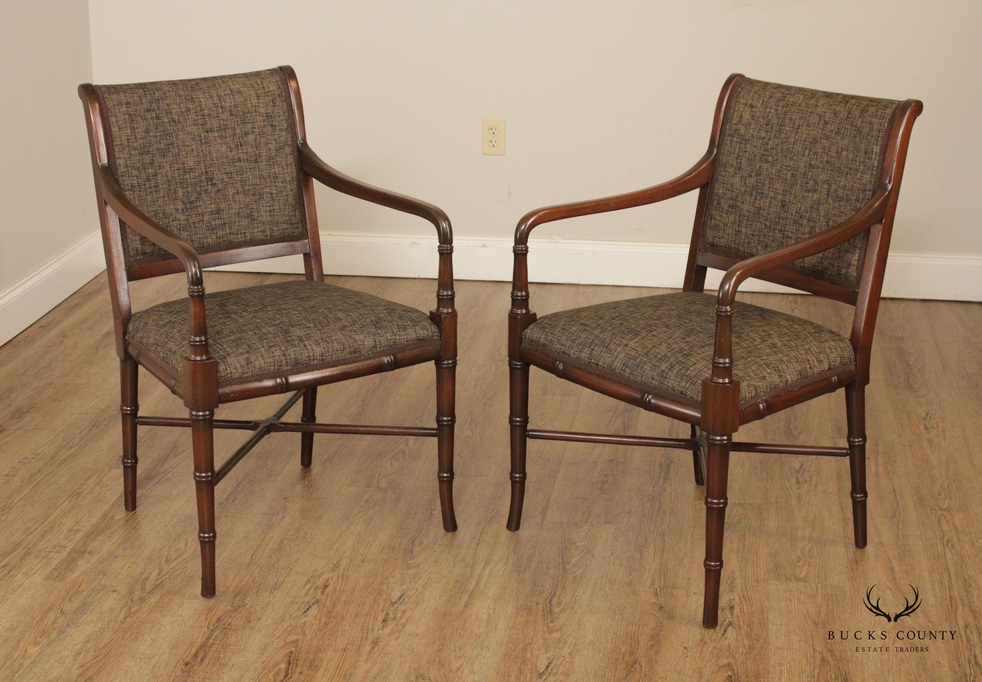 Regency Style Pair Faux Bamboo Mahogany Arm Chairs