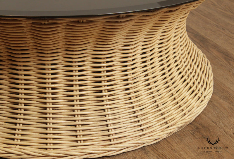 Vintage Wicker Rattan Round Smoked Glass Top Coffee Table