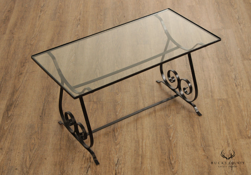 Vintage Wrought Iron Scroll Glass Top Cocktail Table