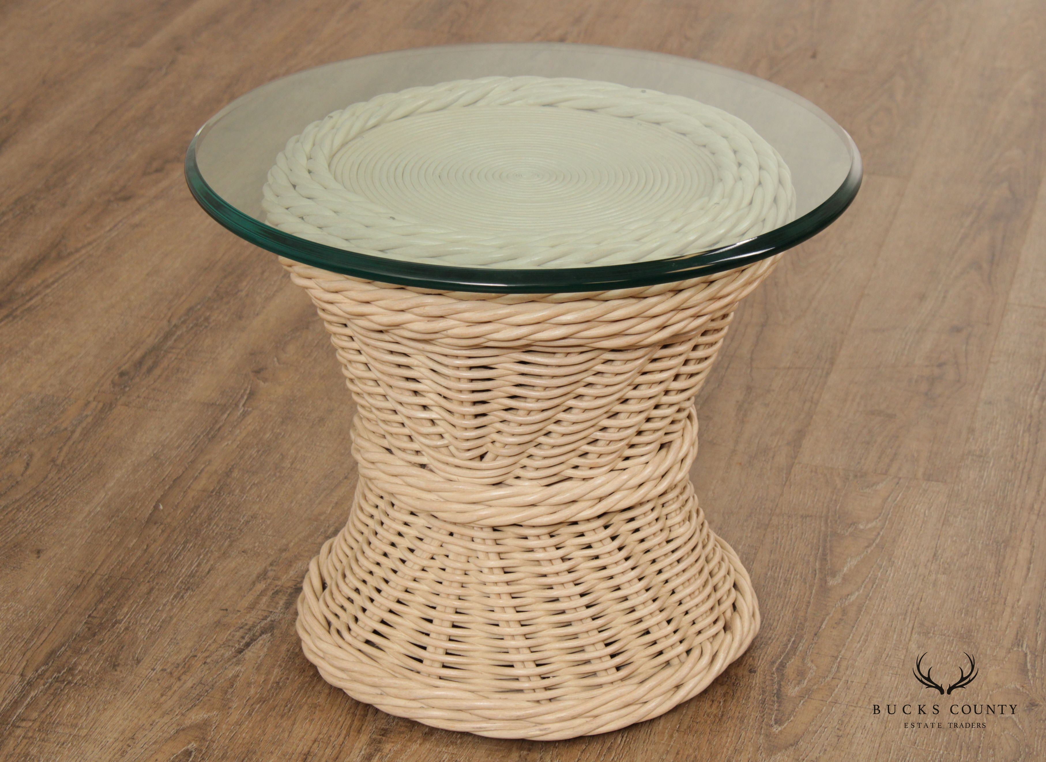 Quality Vintage Round Wicker Rattan Glass Top Side Table