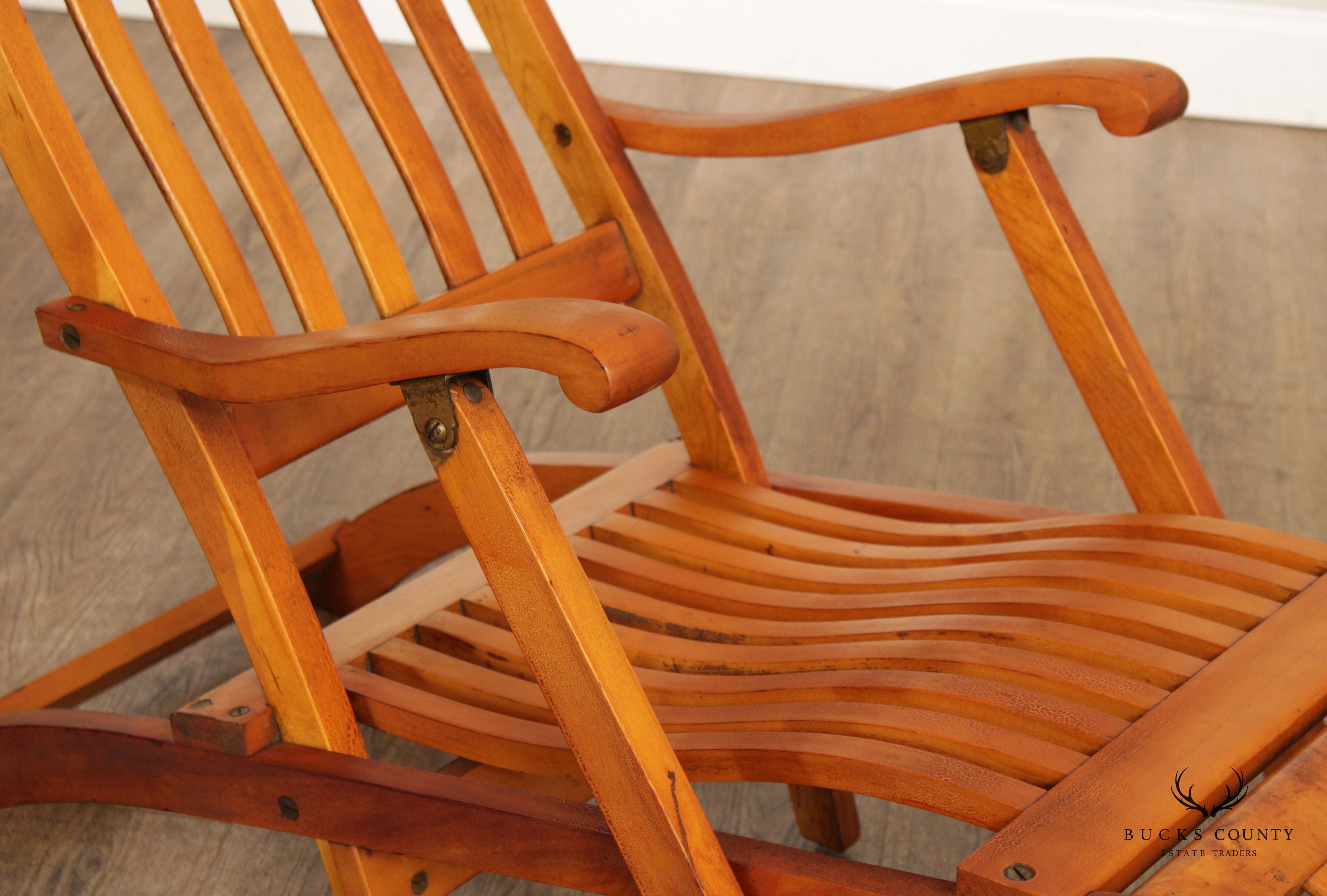 Antique Campaign Style Pair of Maple and Brass Folding Cruise Ship Steamer Lounge Chairs