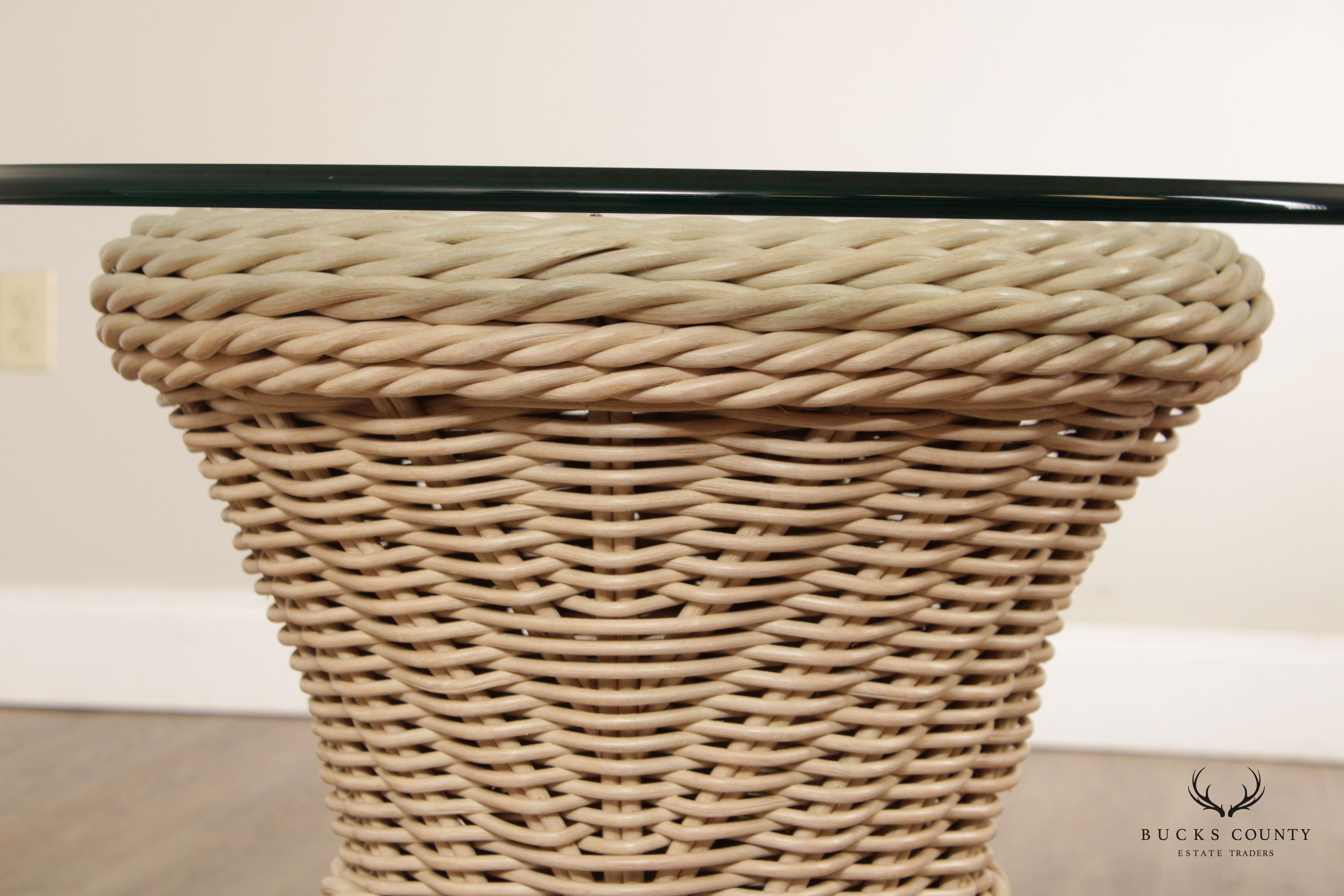 Quality Vintage Round Wicker Rattan Glass Top Side Table (B)