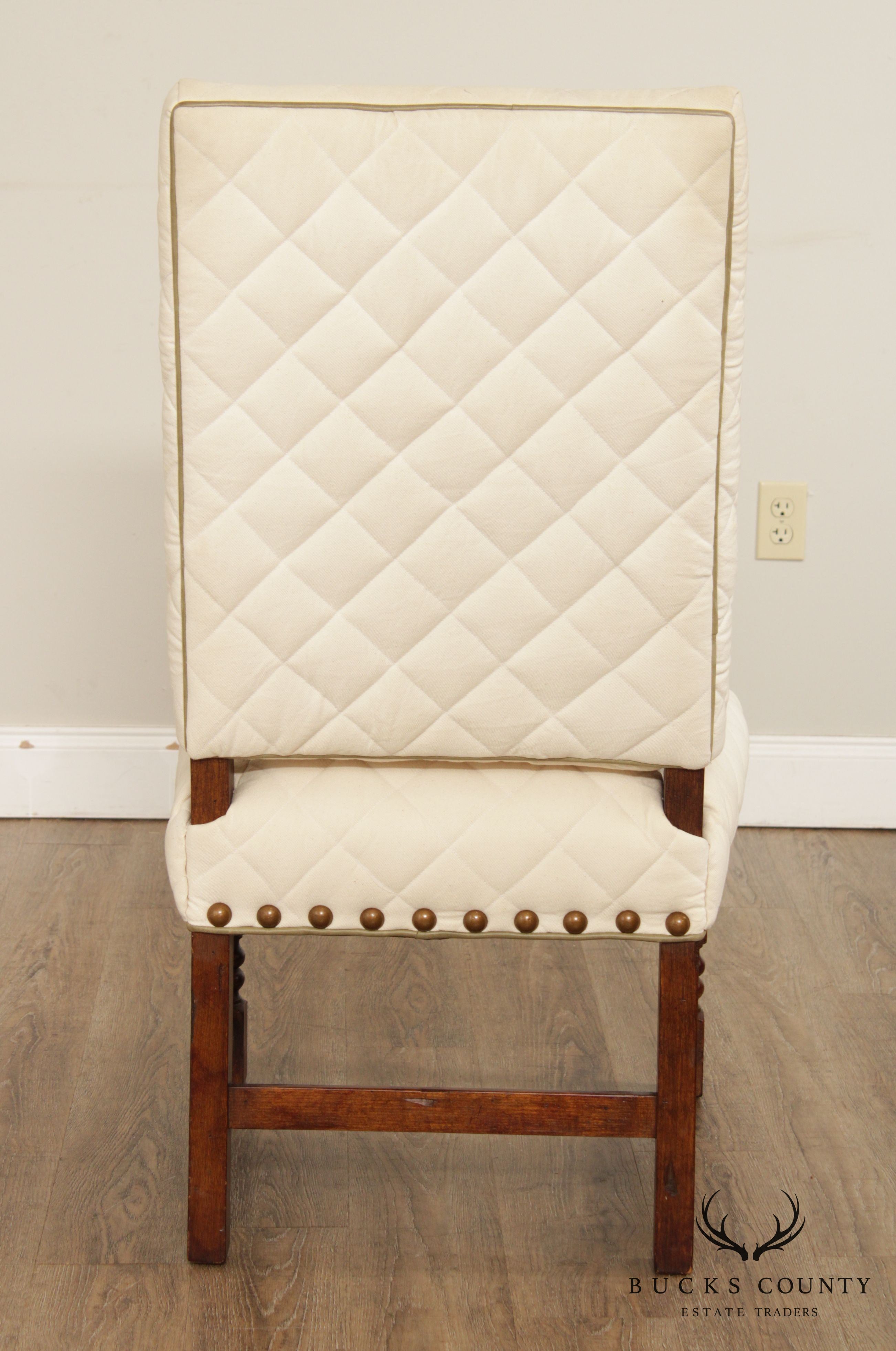 Jacobean Style Pair Spool Turned Upholstered Side Chairs