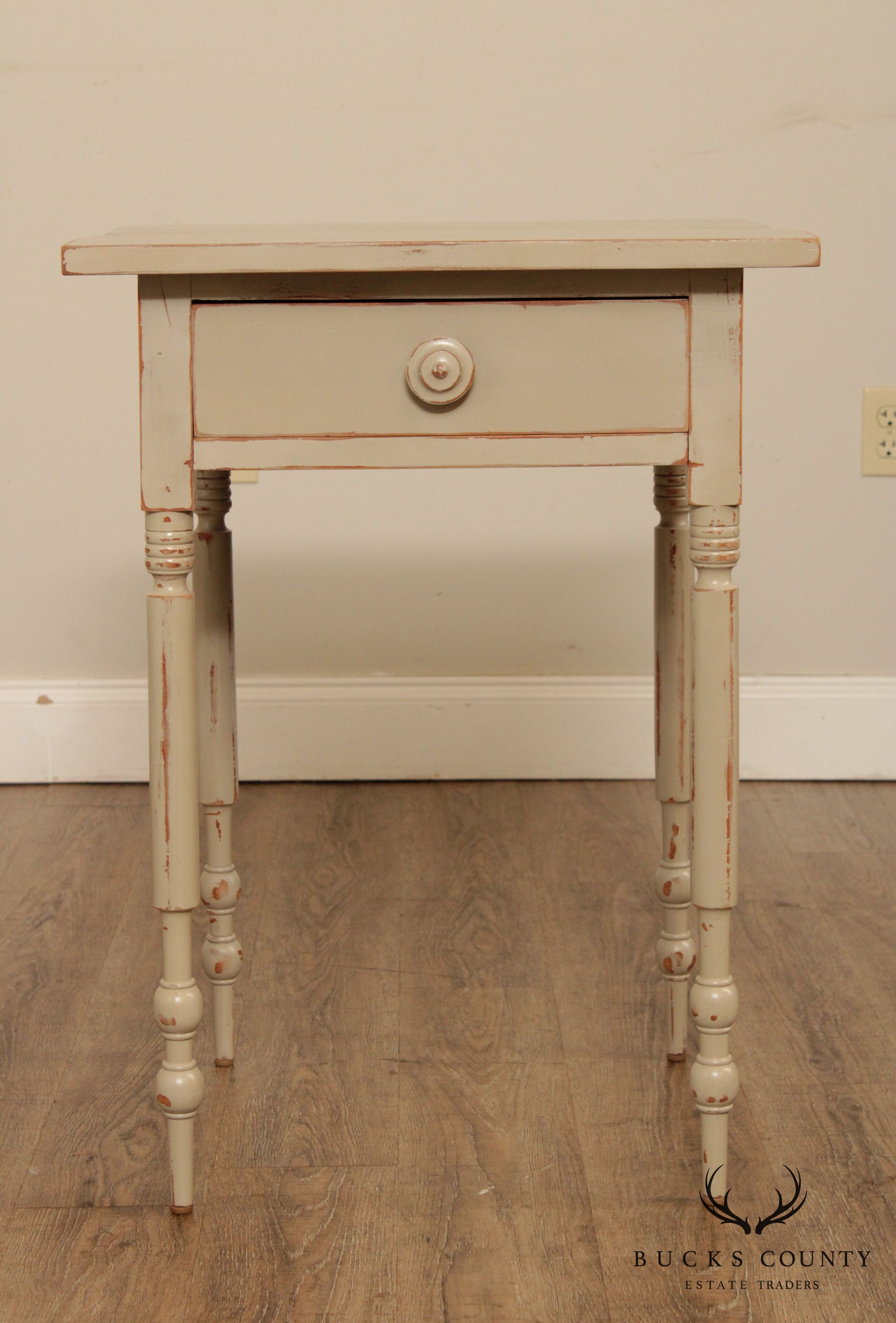 Antique Country Sheraton One Drawer Side Table, Custom Grey Finish