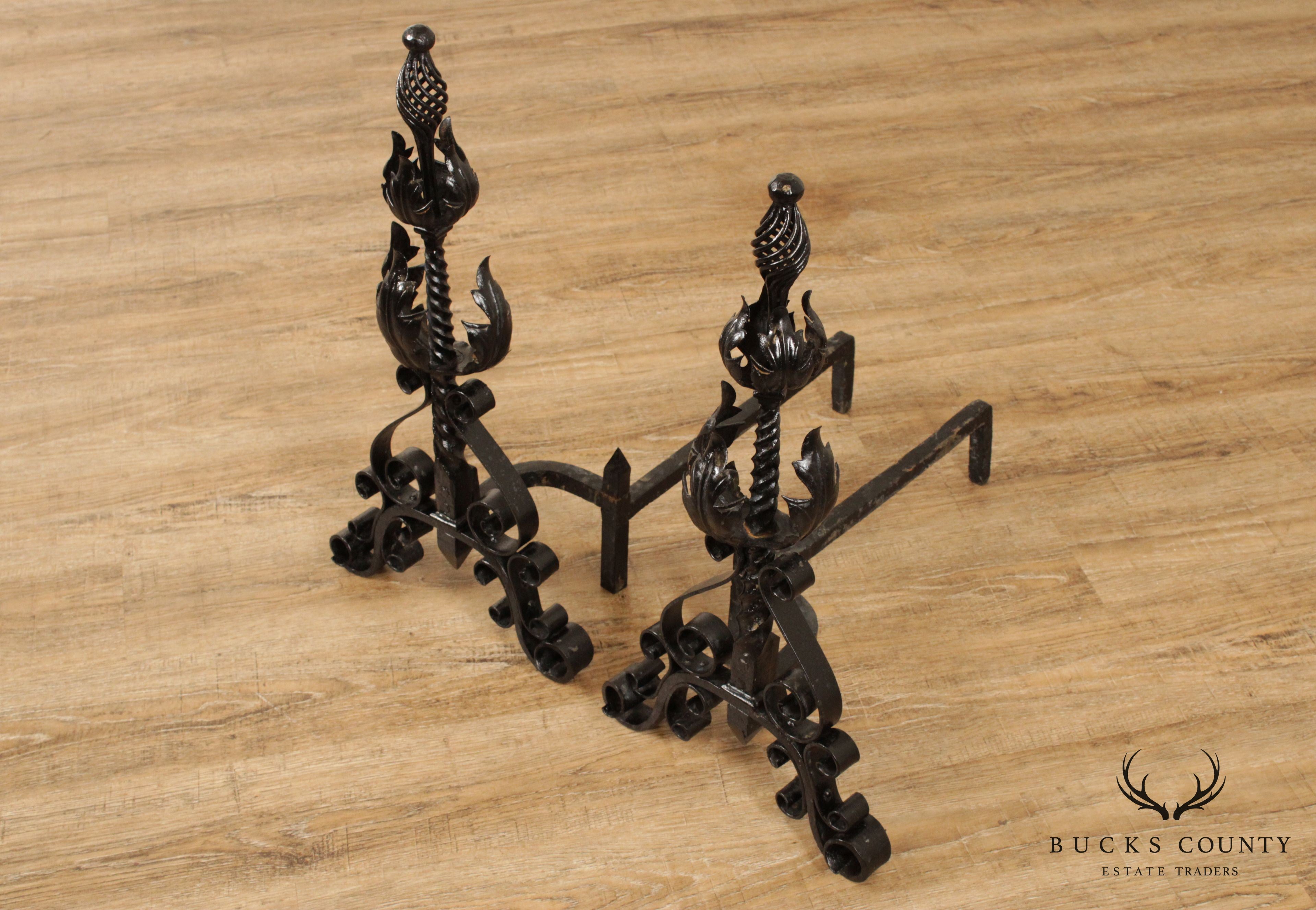 Quality Vintage Pair Wrought Iron Andirons