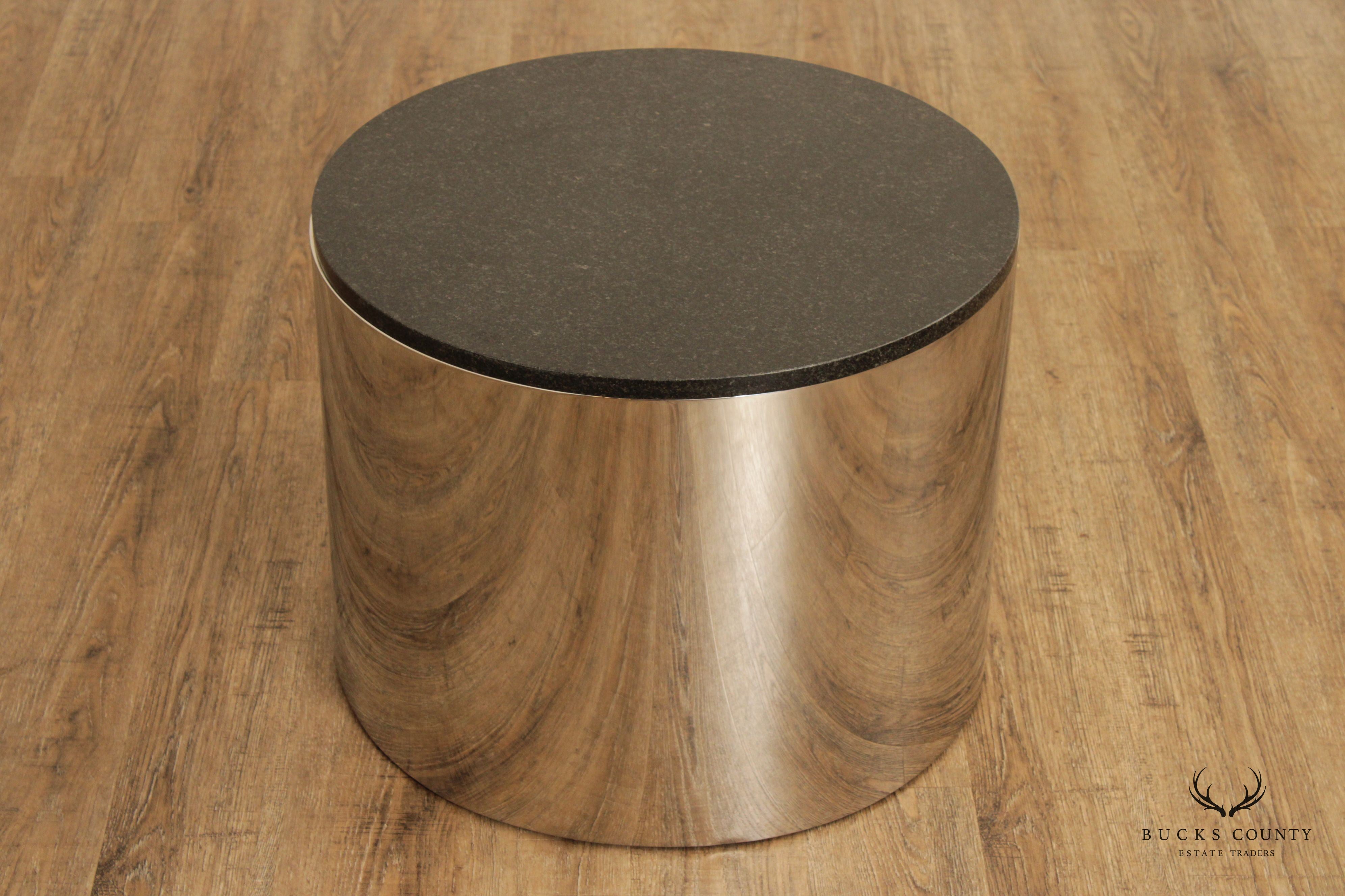 Modern 1970s Granite Top Metal Drum Side Table