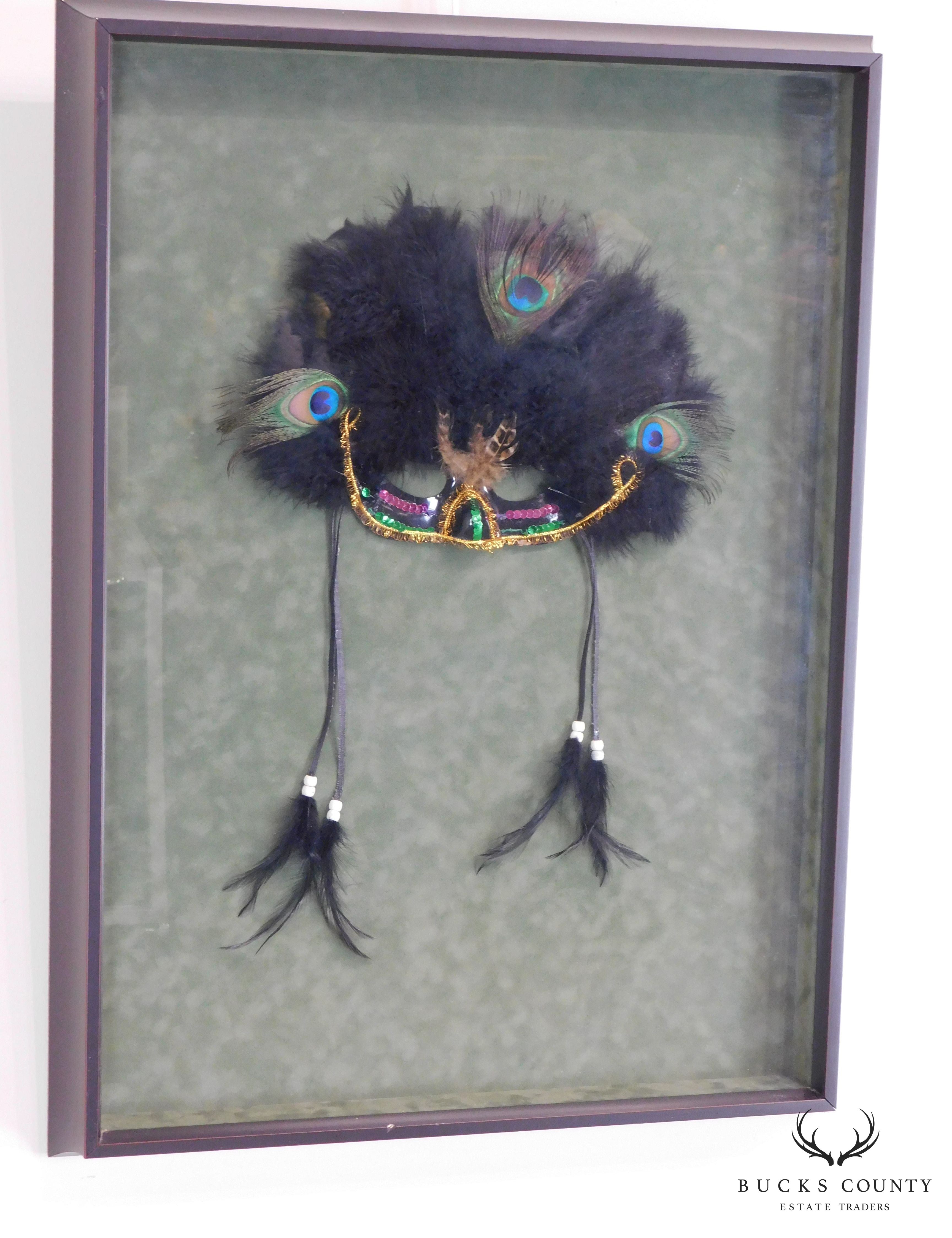 Hand Crafted Mardi Gras Mask with Peacock Feathers and Beaded Ties, Framed