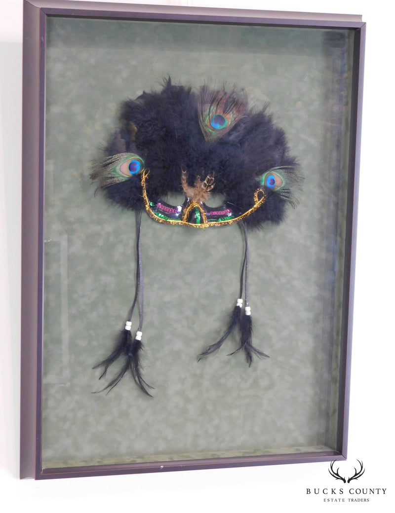 Hand Crafted Mardi Gras Mask with Peacock Feathers and Beaded Ties, Framed