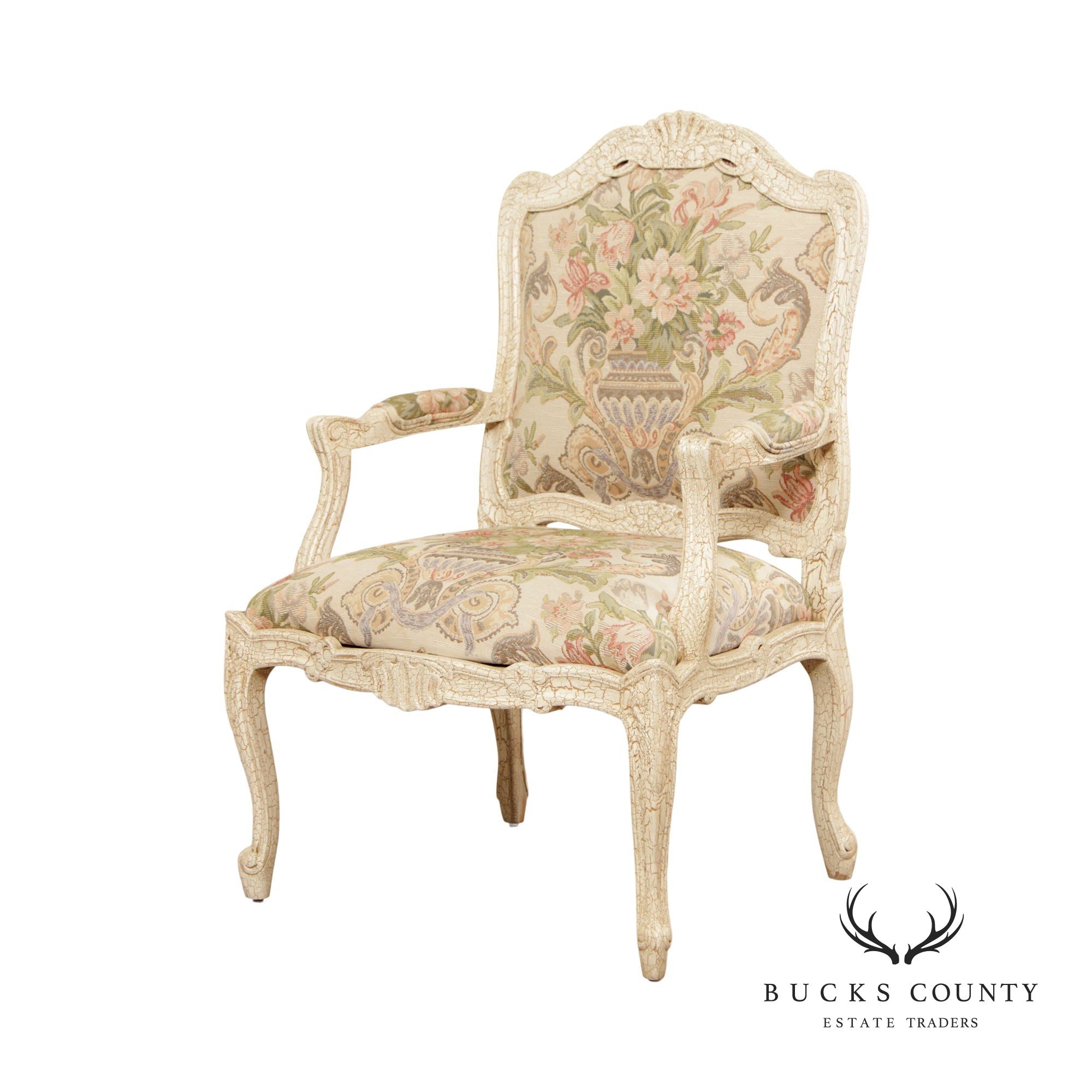 French Louis XV Style Crackle Painted Fauteuil Armchair