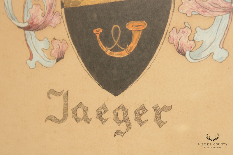 Vintage German 'Jaeger' Coat of Arms Crest, Custom Framed