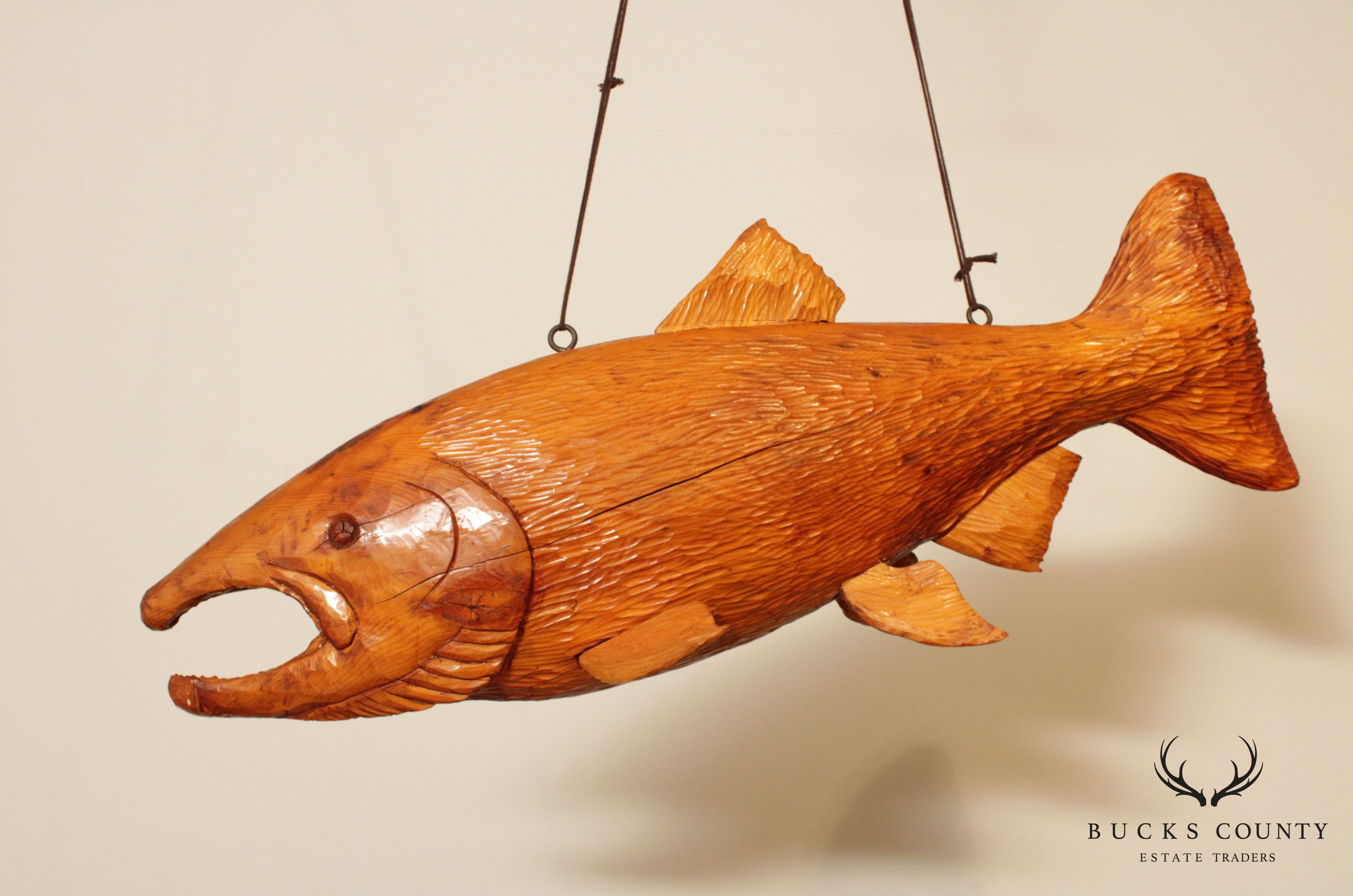 Vintage Rustic Wood Carved Salmon